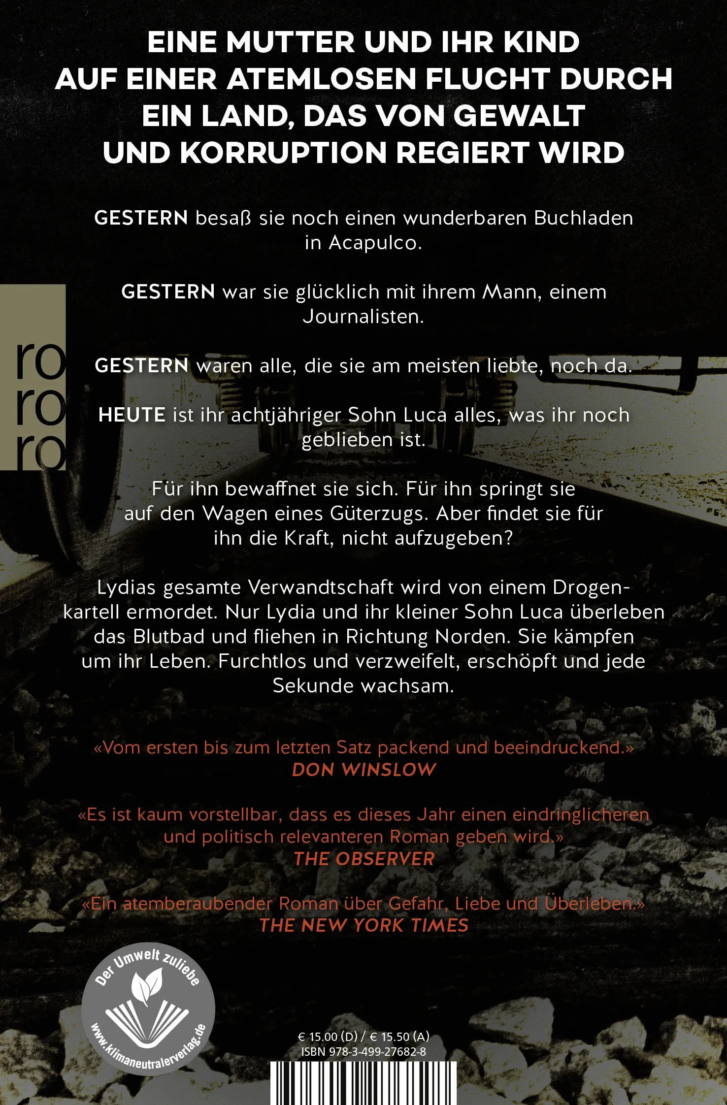 Buchrückseite von 'American Dirt' mit Klappentext - Taschenbuch