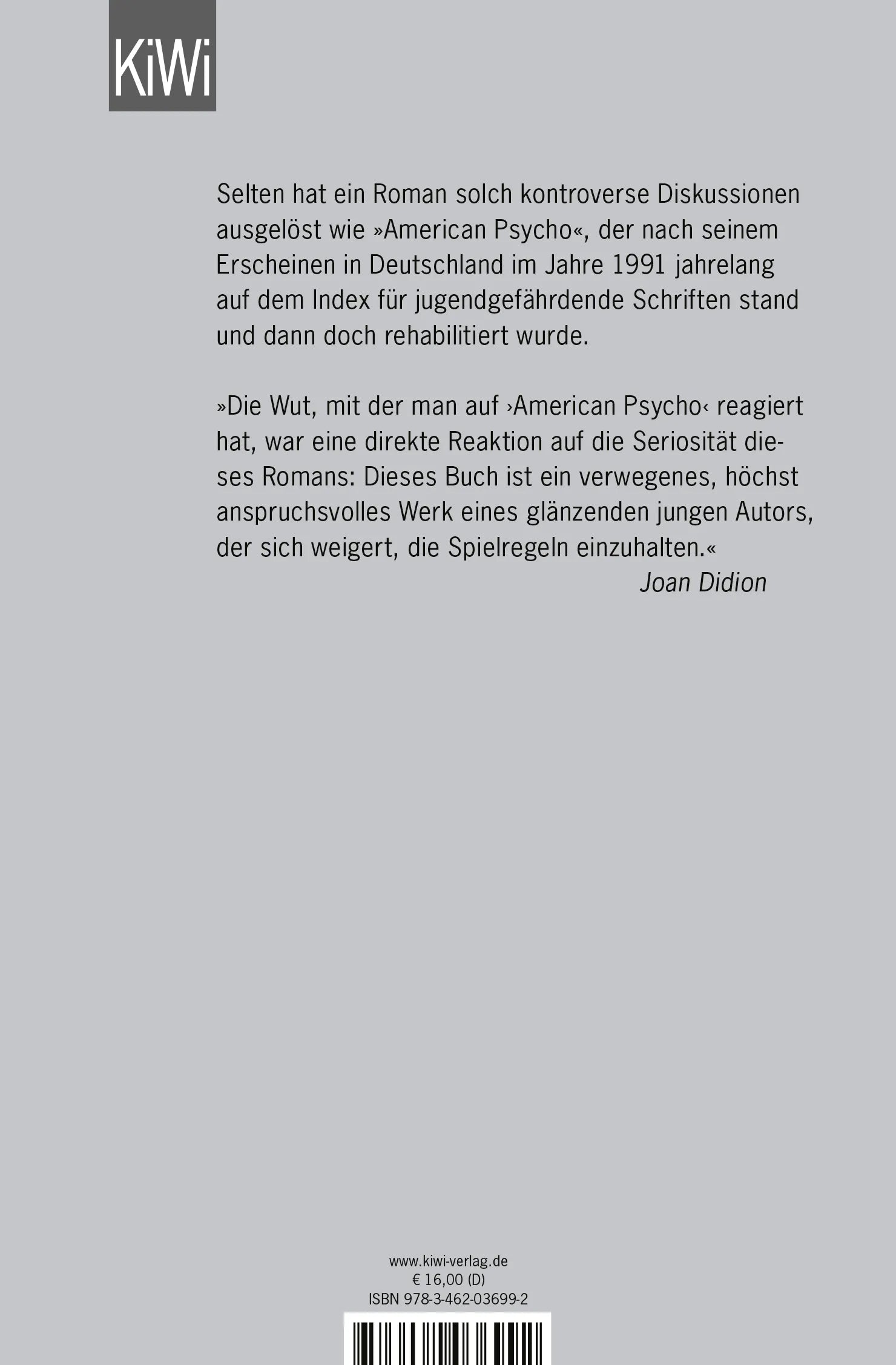 Buchrückseite von 'American Psycho' mit Klappentext - Taschenbuch