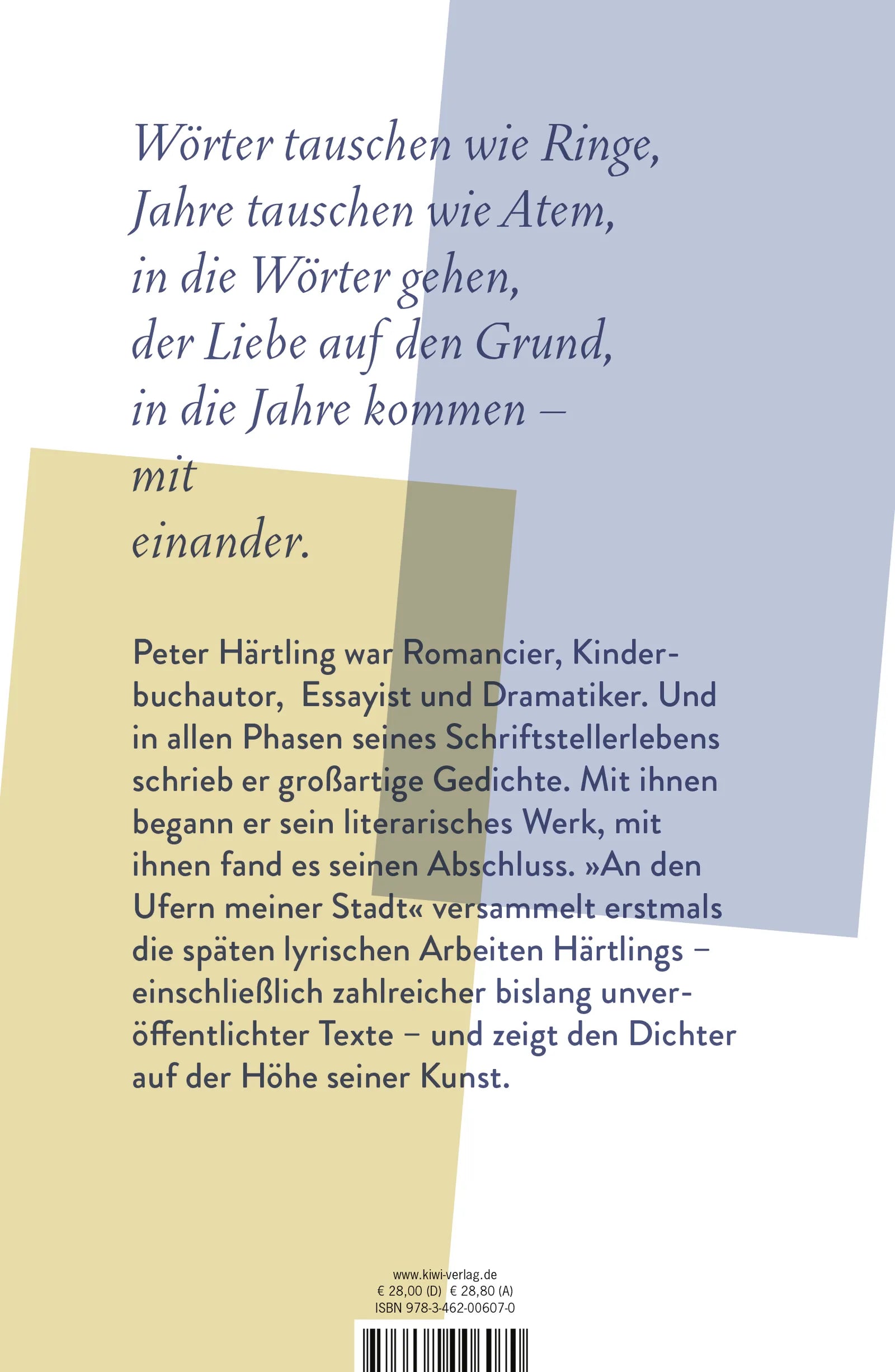 Buchrückseite von 'An den Ufern meiner Stadt' mit Klappentext - Gebundene Ausgabe