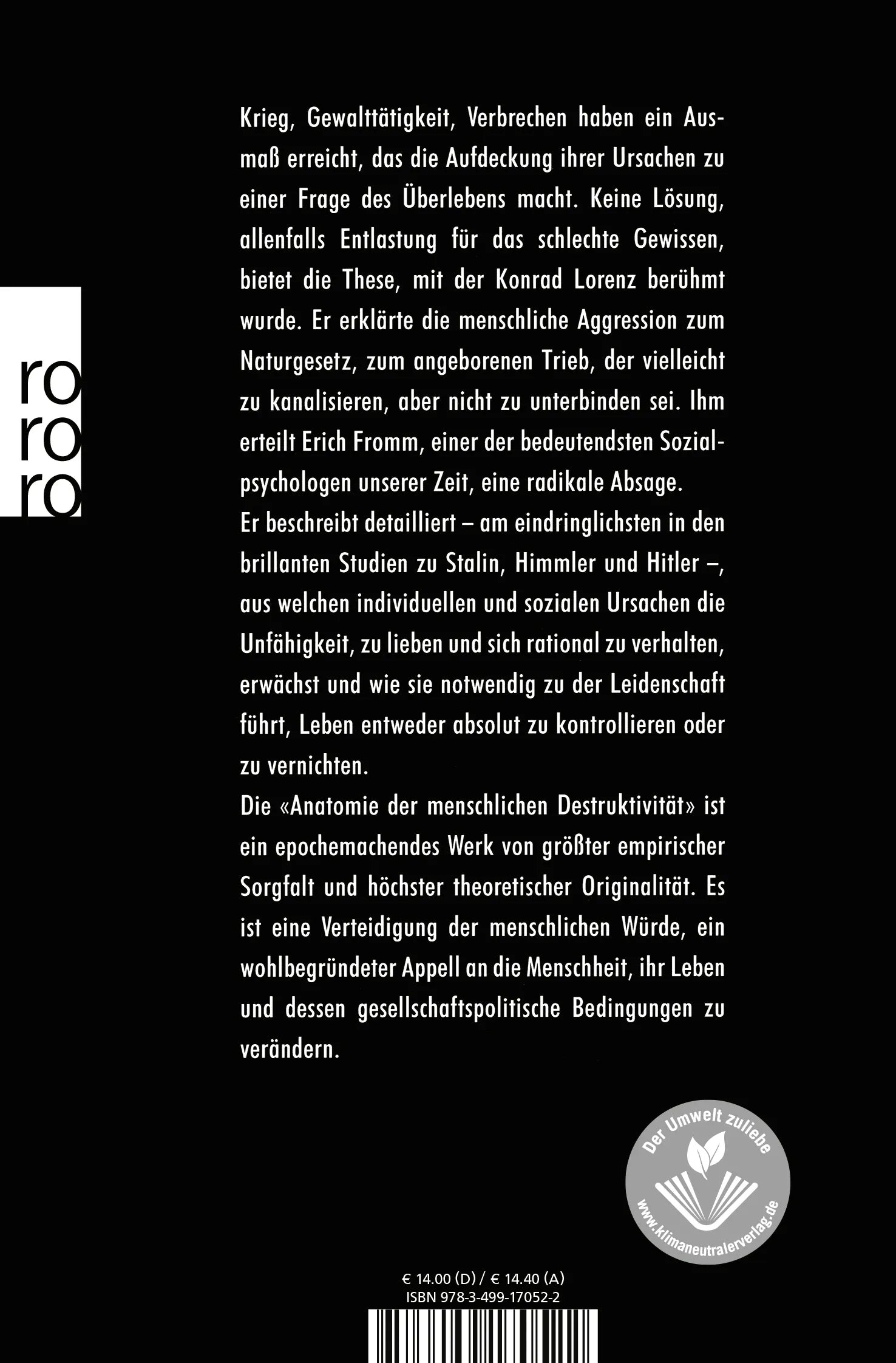 Buchrückseite von 'Anatomie der menschlichen Destruktivität' mit Klappentext - Taschenbuch