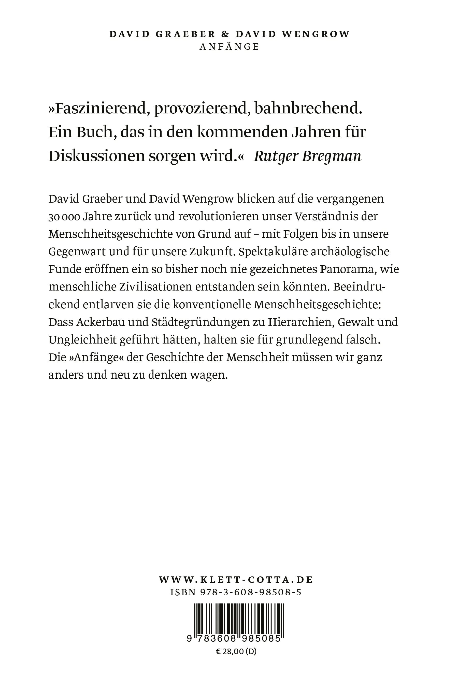 Buchrückseite von 'Anfänge' mit Klappentext - Gebundene Ausgabe