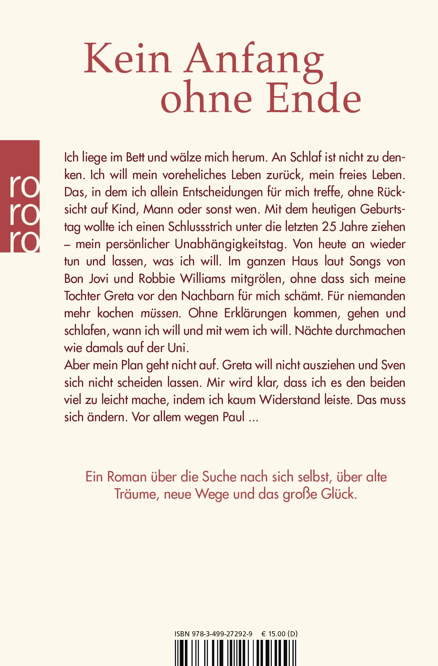 Buchrückseite von 'Anfang 40 - Ende offen' mit Klappentext - Taschenbuch