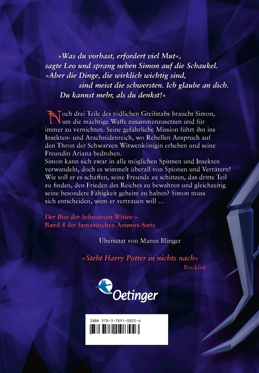 Buchrückseite von 'Animox 4. Der Biss der Schwarzen Witwe' mit Klappentext - Gebundene Ausgabe
