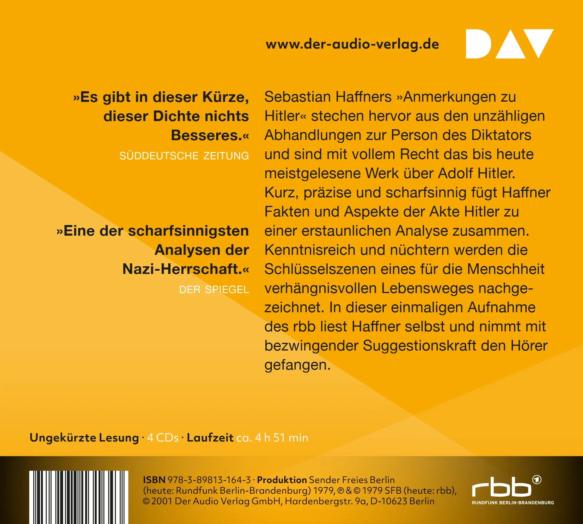 Buchrückseite von 'Anmerkungen zu Hitler' mit Klappentext - Hörbuch (CD)
