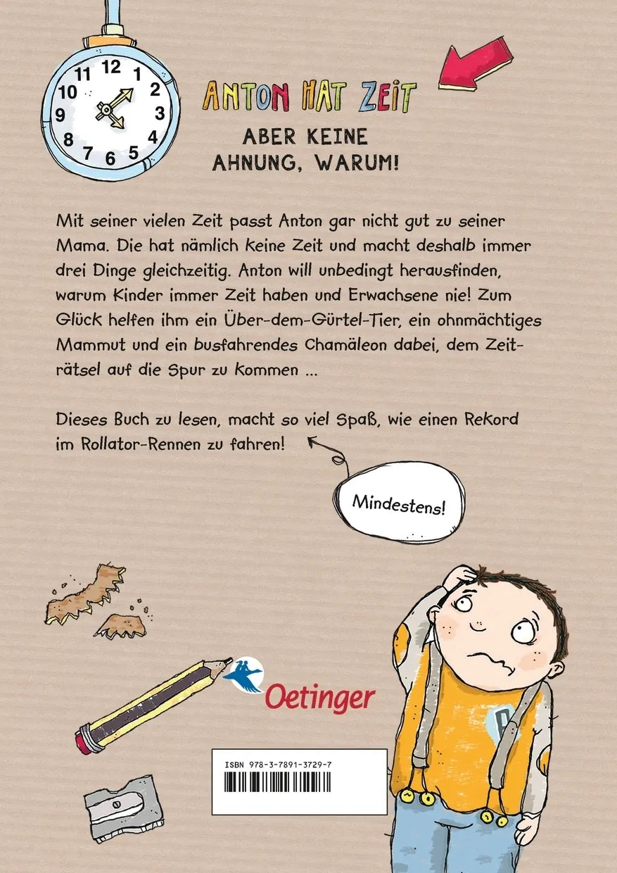 Buchrückseite von 'Anton 1. Anton hat Zeit' mit Klappentext - Gebundene Ausgabe