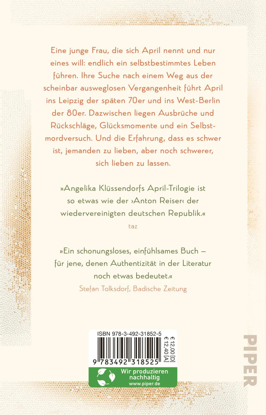 Buchrückseite von 'April' mit Klappentext - Taschenbuch