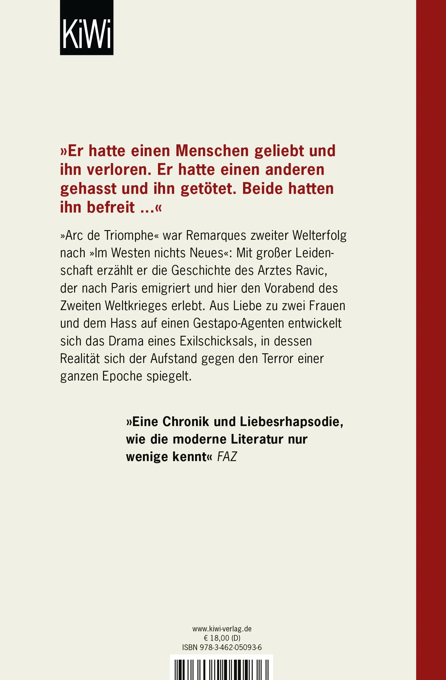 Buchrückseite von 'Arc de Triomphe' mit Klappentext - Taschenbuch