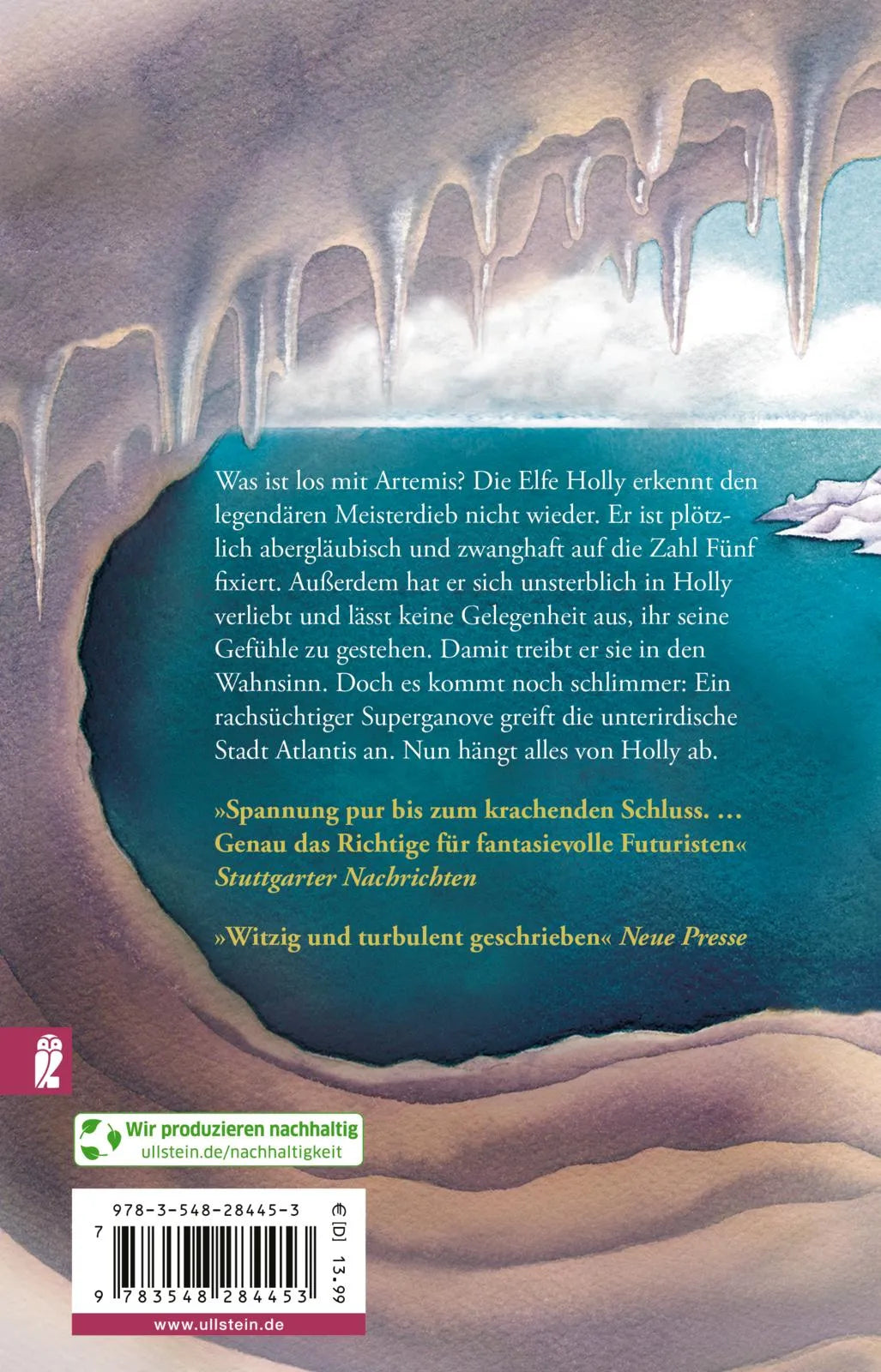 Buchrückseite von 'Artemis Fowl - Der Atlantis-Komplex' mit Klappentext - Taschenbuch