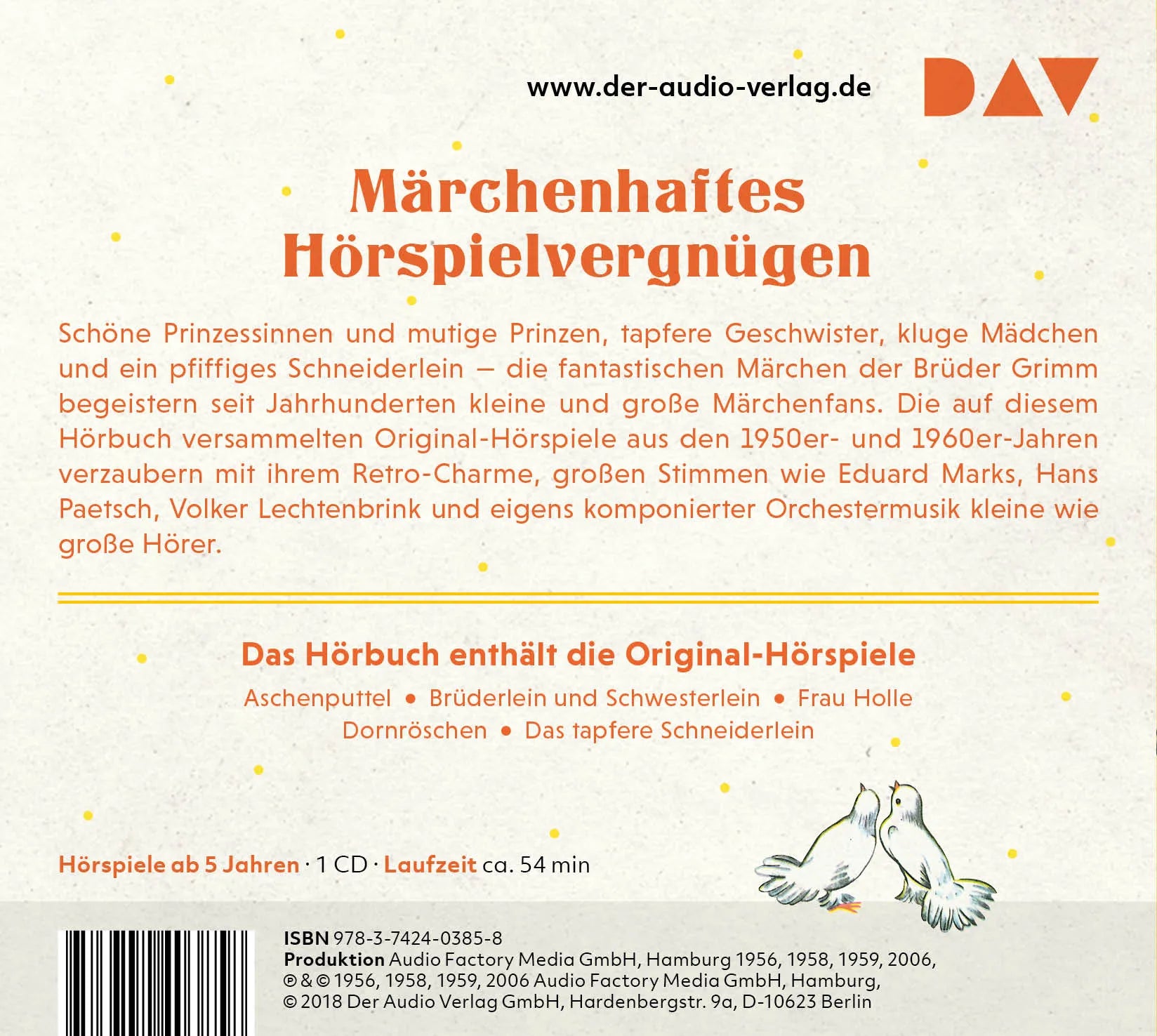 Buchrückseite von 'Aschenputtel und weitere Märchen' mit Klappentext - Hörbuch (CD)