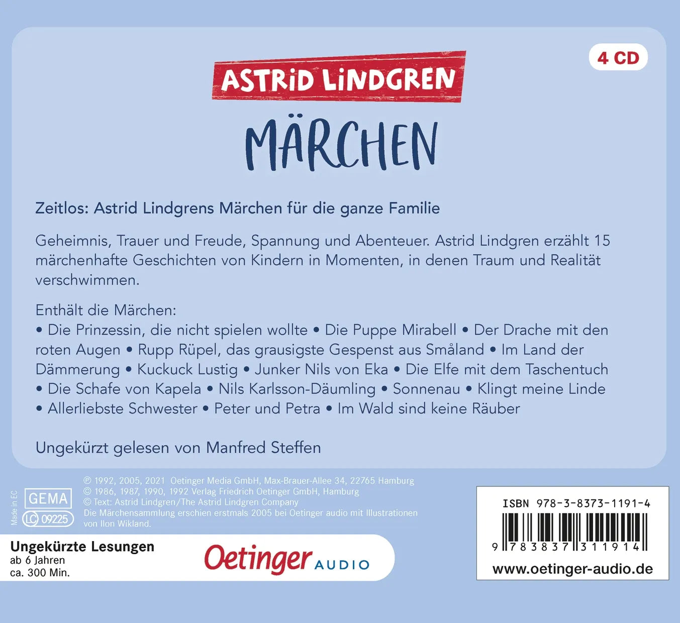 Buchrückseite von 'Astrid Lindgrens Märchen' mit Klappentext - Hörbuch (CD)