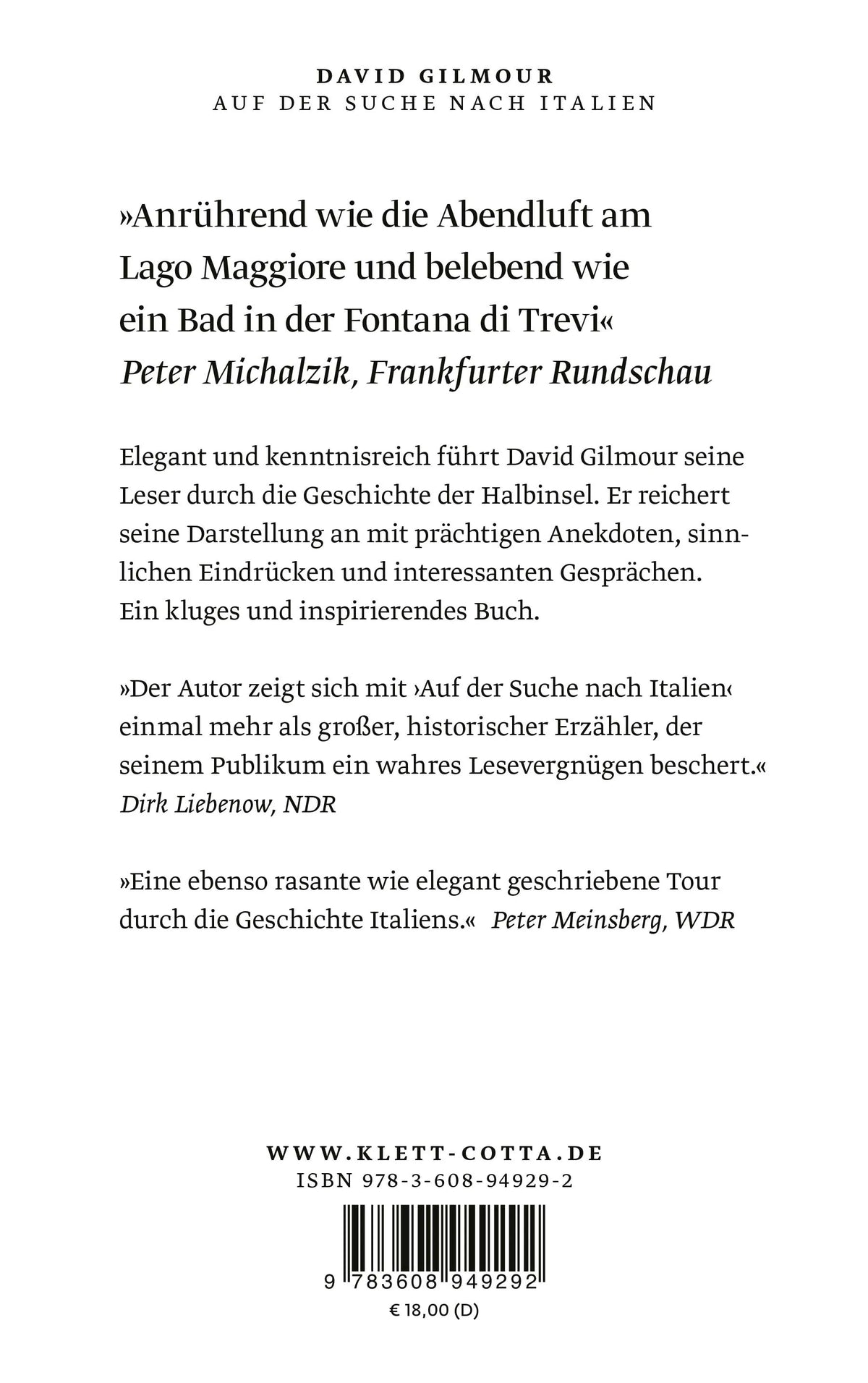 Buchrückseite von 'Auf der Suche nach Italien' mit Klappentext - Taschenbuch