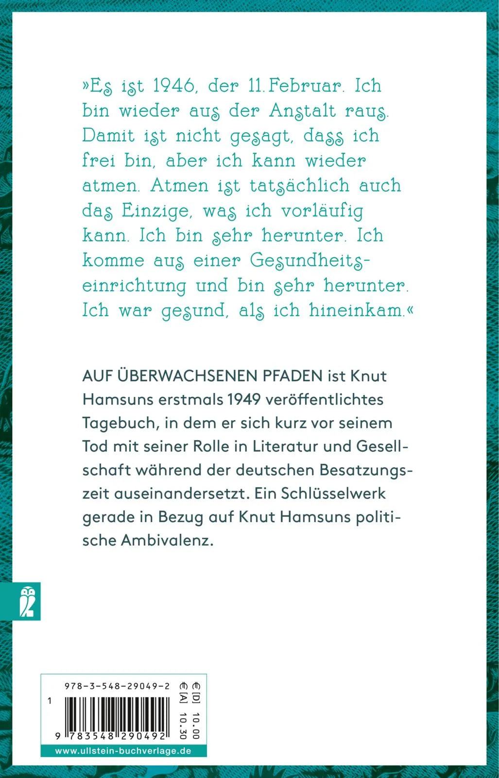 Buchrückseite von 'Auf überwachsenen Pfaden' mit Klappentext - Taschenbuch
