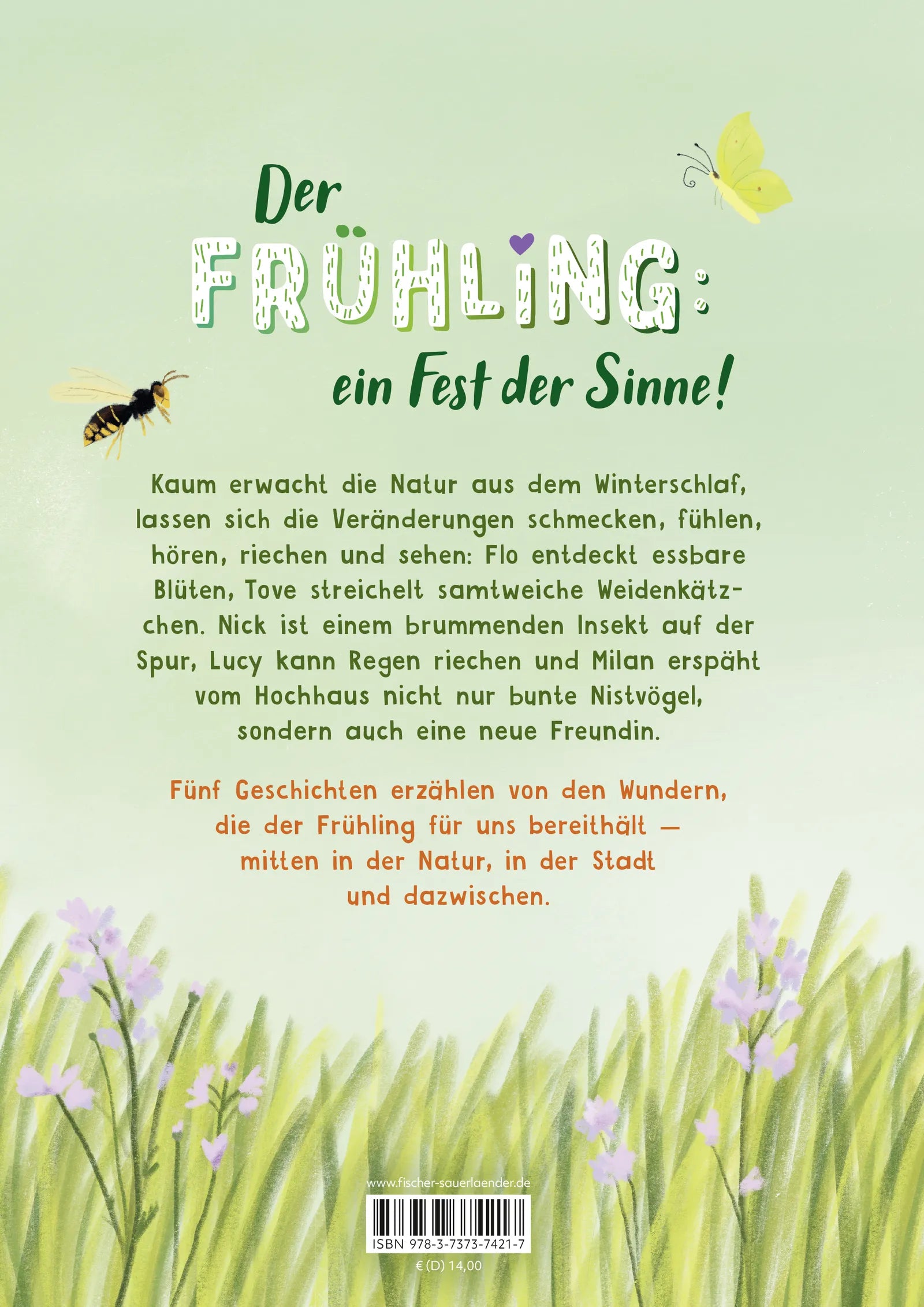 Buchrückseite von 'Augen auf, der Frühling kommt!' mit Klappentext - Gebundene Ausgabe