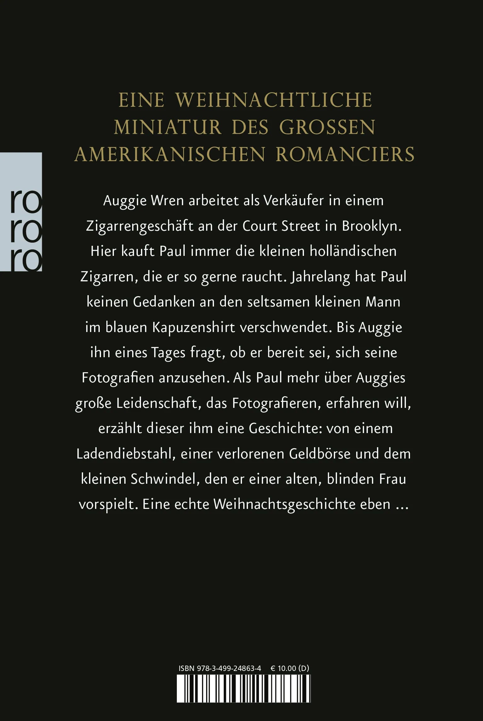 Buchrückseite von 'Auggie Wrens Weihnachtsgeschichte' mit Klappentext - Gebundene Ausgabe