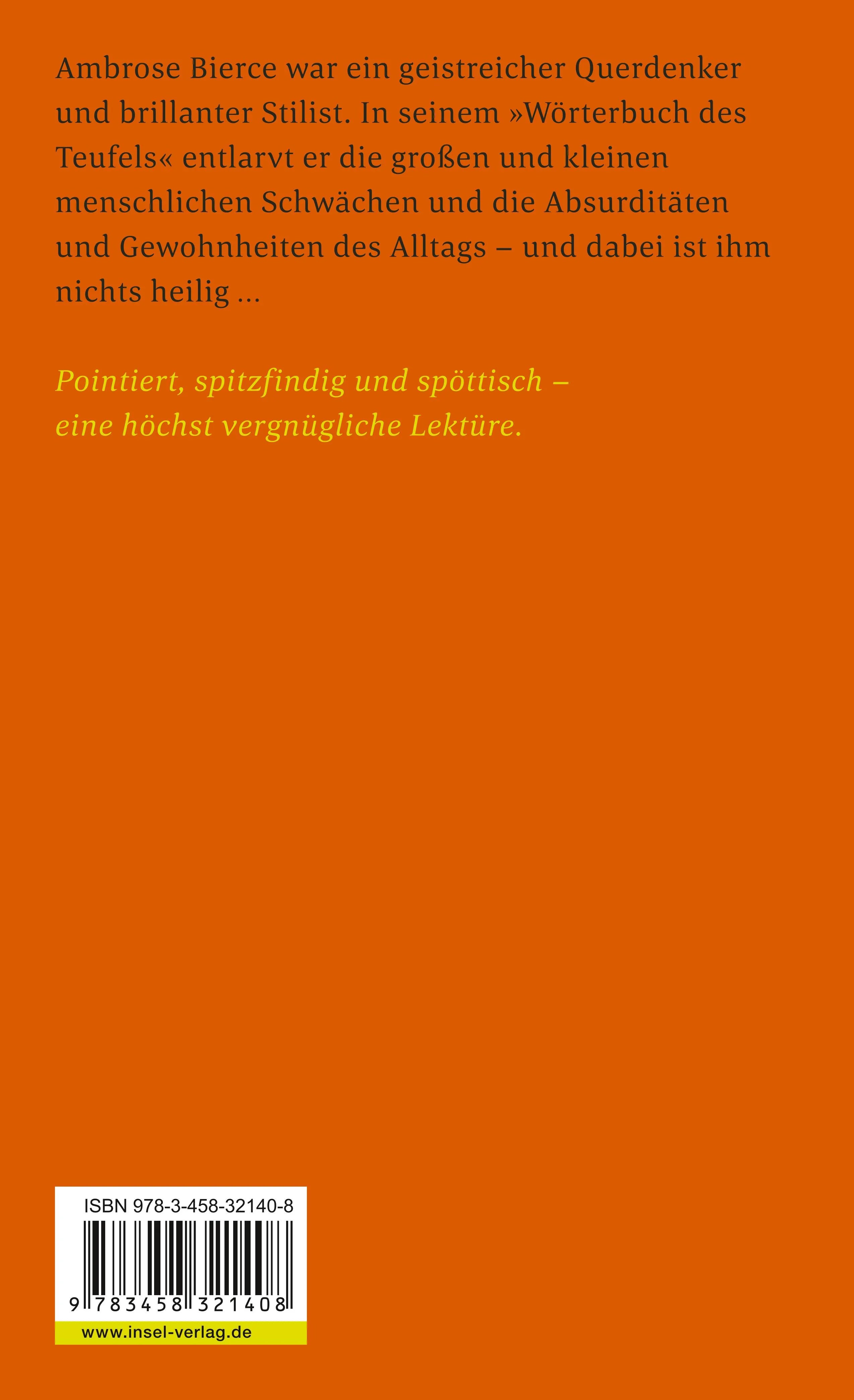 Buchrückseite von 'Aus dem Wörterbuch des Teufels' mit Klappentext - Taschenbuch