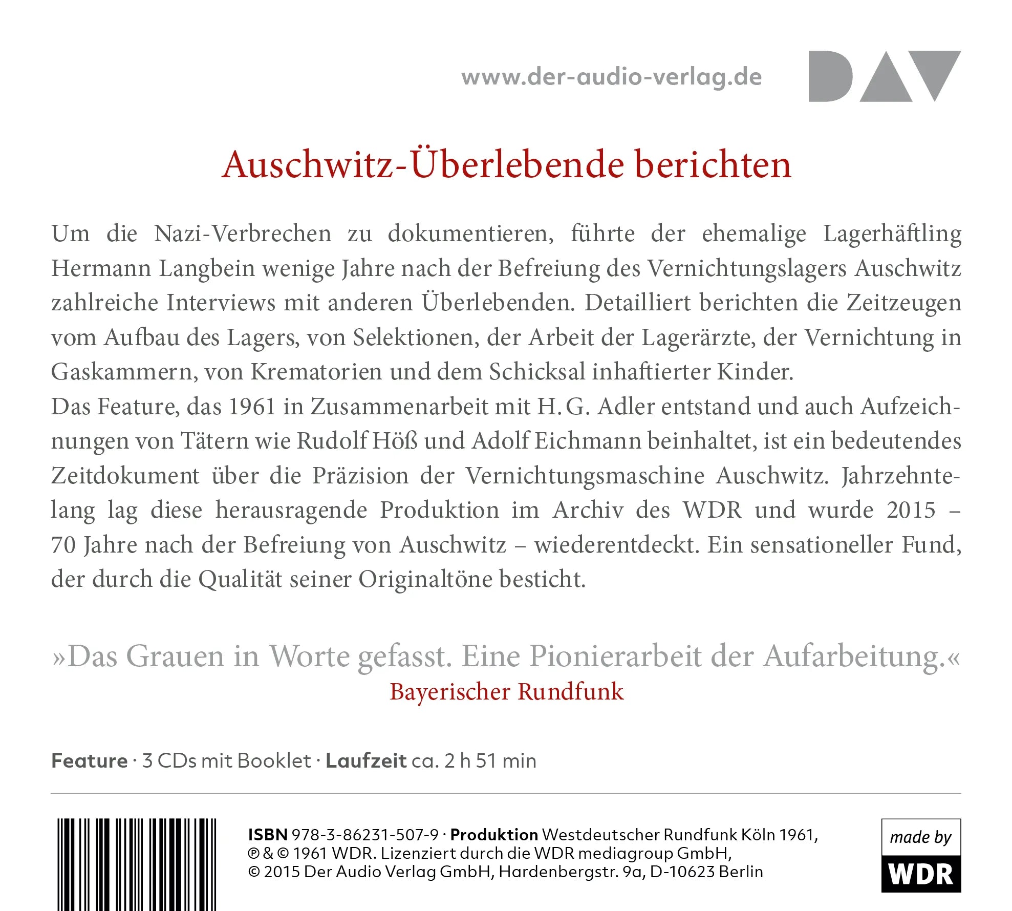 Buchrückseite von 'Auschwitz. Topographie eines Vernichtungslagers' mit Klappentext - Hörbuch (CD)