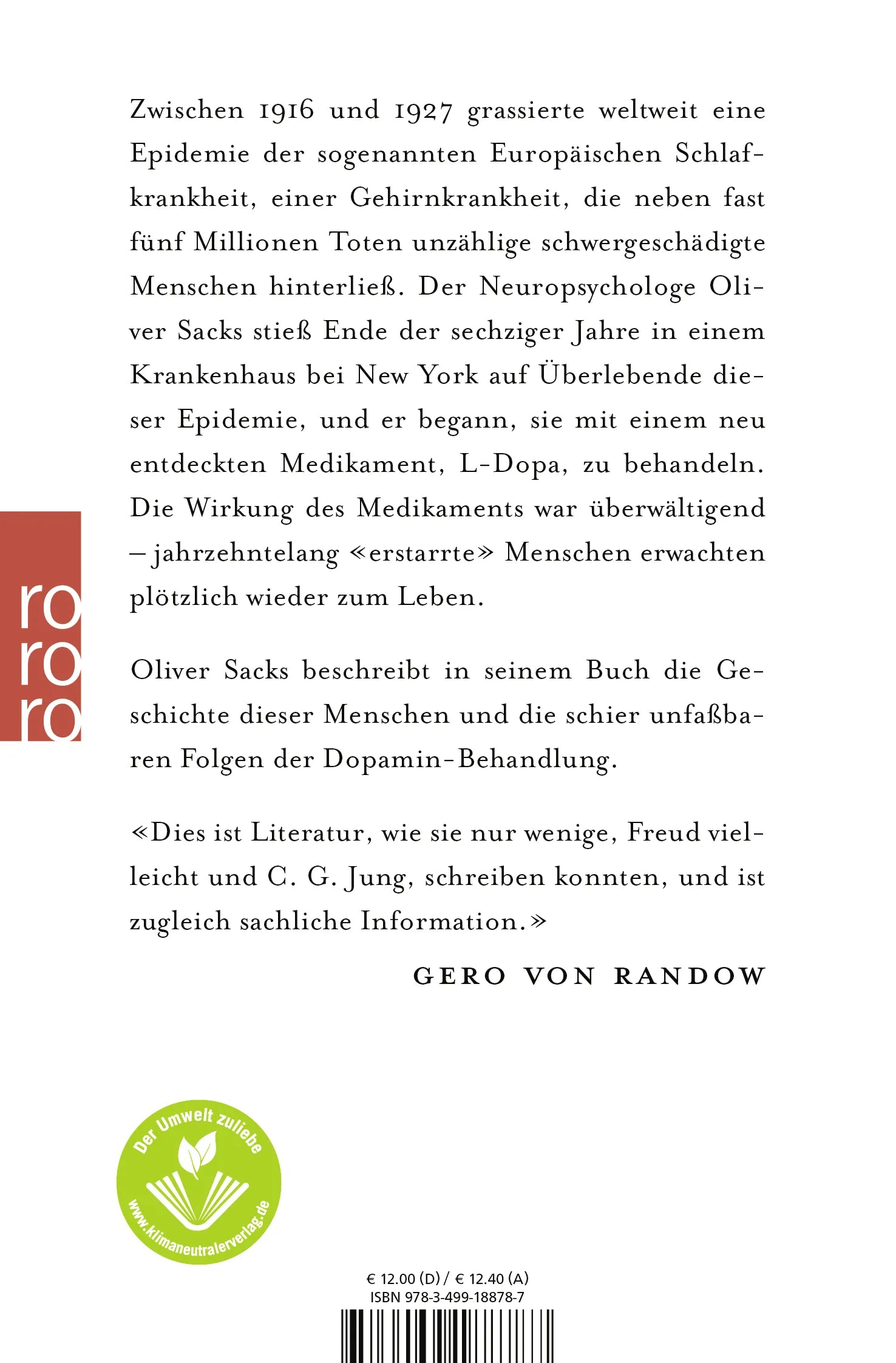 Buchrückseite von 'Awakenings - Zeit des Erwachens' mit Klappentext - Taschenbuch