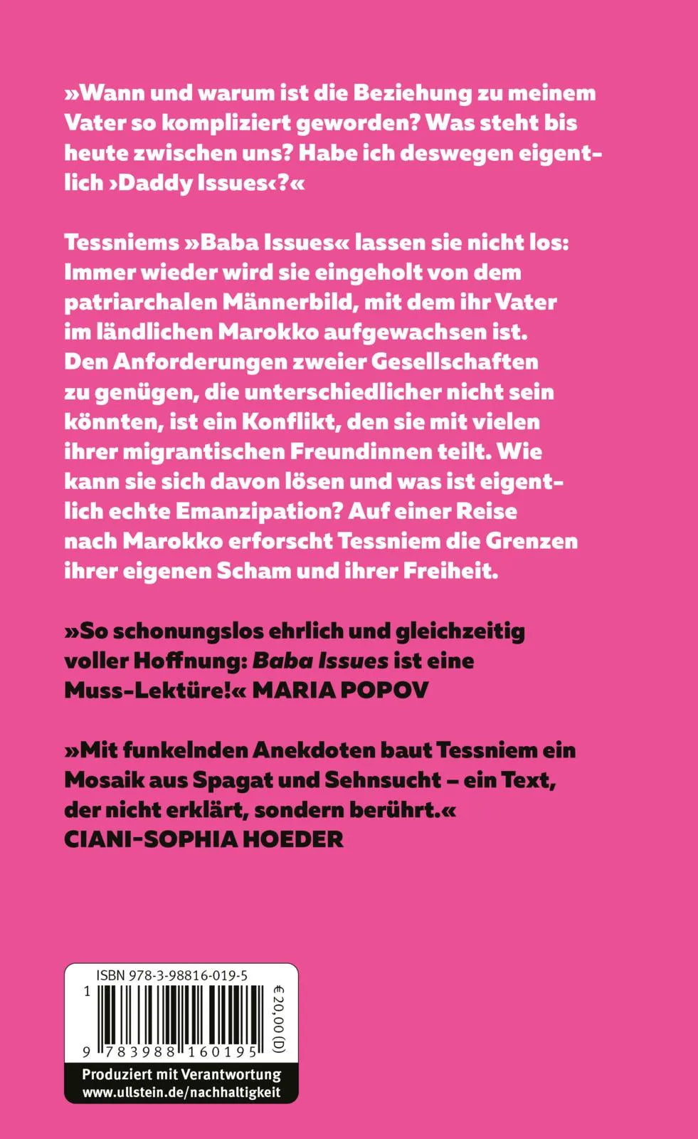 Buchrückseite von 'Baba Issues' mit Klappentext - Gebundene Ausgabe