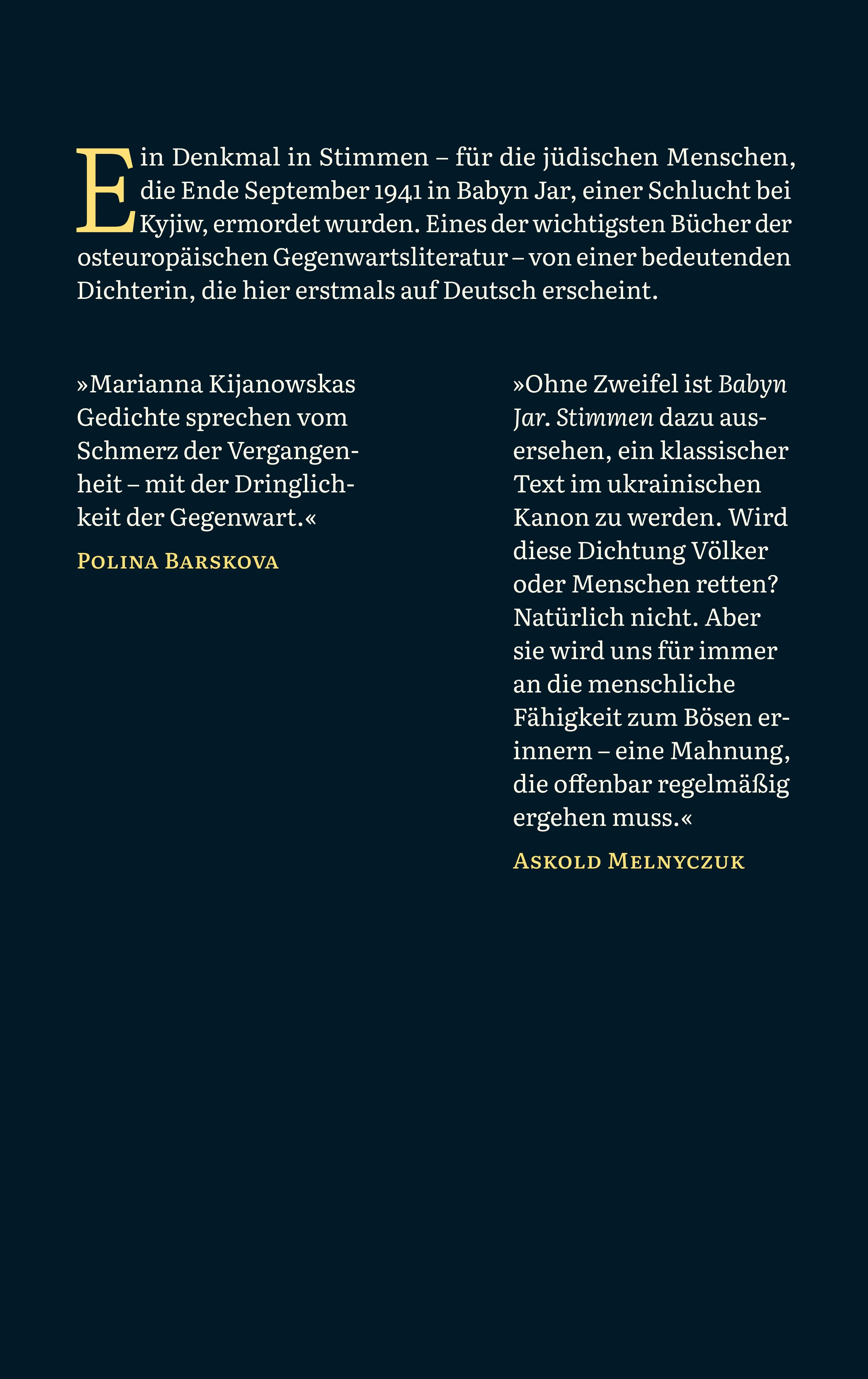 Buchrückseite von 'Babyn Jar. Stimmen' mit Klappentext - Gebundene Ausgabe