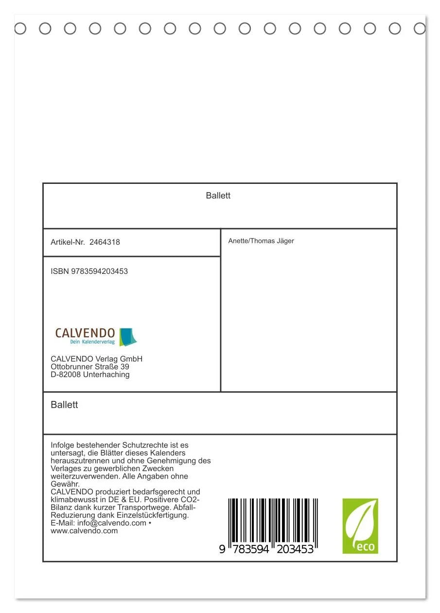 Ballett (Tischkalender 2027 DIN A5 hoch), CALVENDO Monatskalender – Ansicht