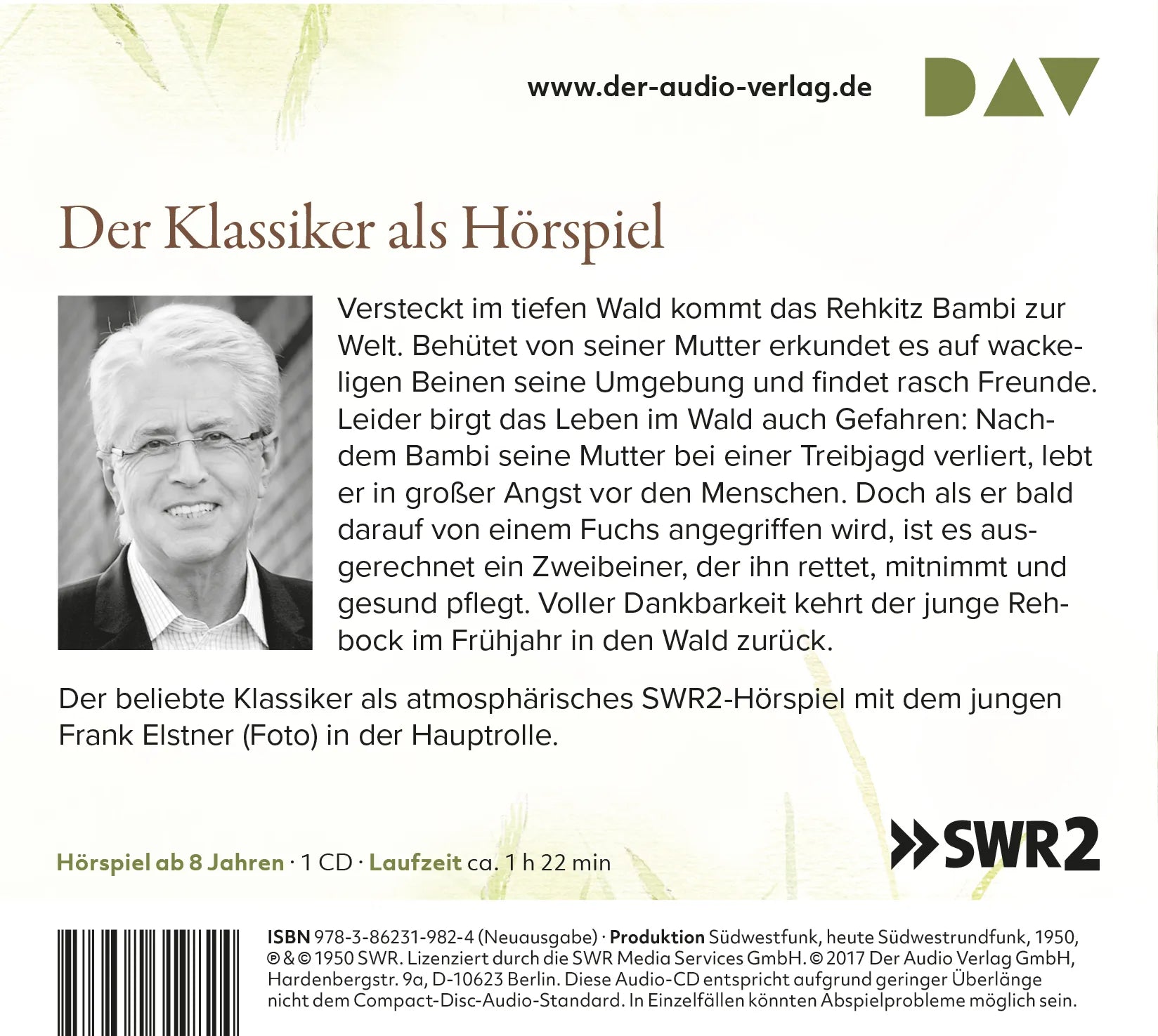 Buchrückseite von 'Bambi' mit Klappentext - Hörbuch (CD)