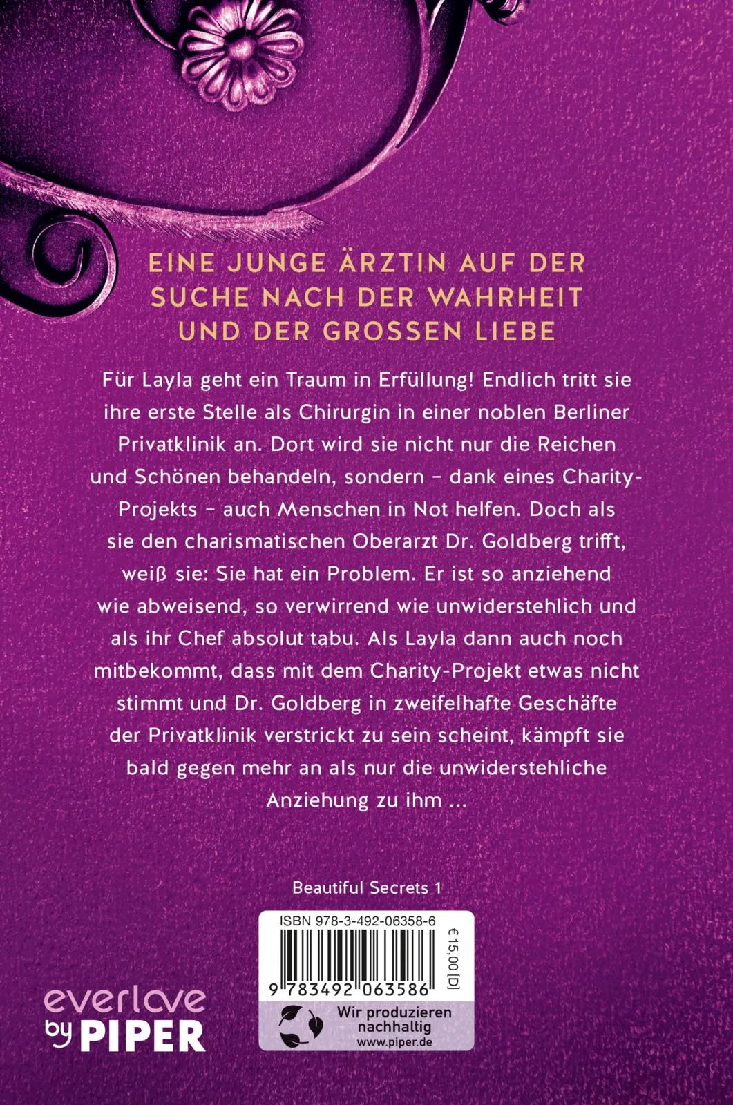 Buchrückseite von 'Beautiful Secrets – Wenn du mich berührst' mit Klappentext - Paperback