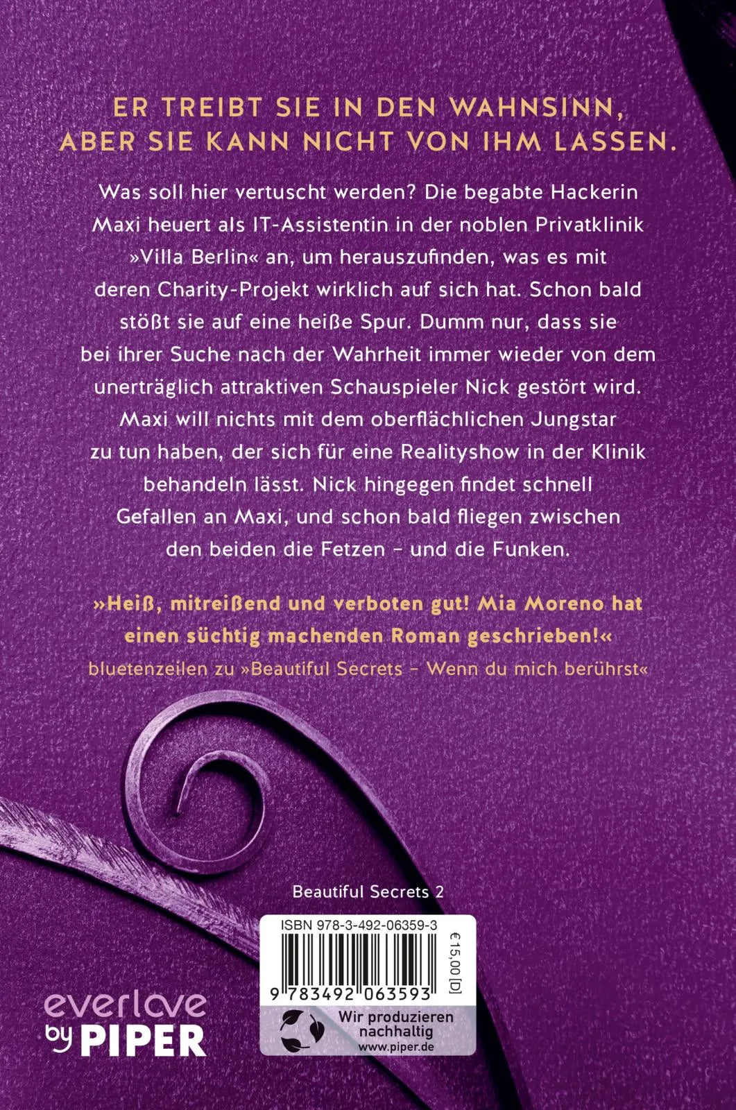 Buchrückseite von 'Beautiful Secrets – Wenn ich dich spüre' mit Klappentext - Paperback