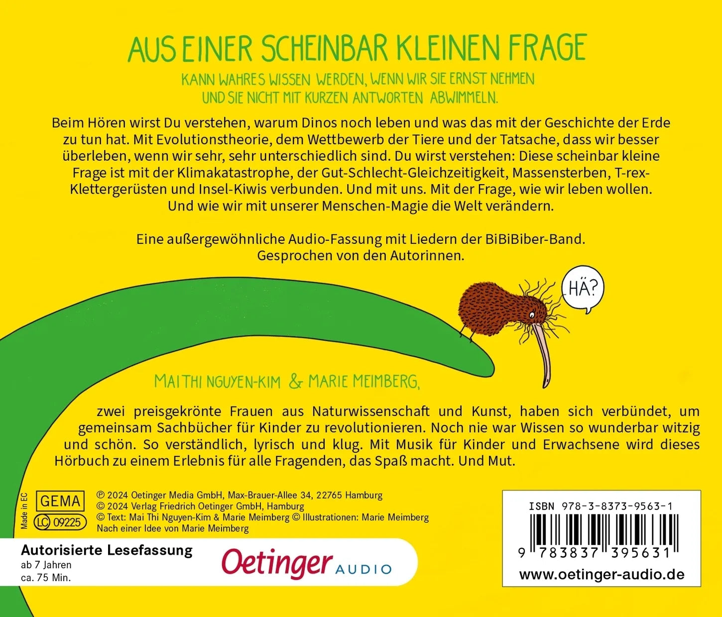 Buchrückseite von 'BiBiBiber hat da mal 'ne Frage. Sind Dinos wirklich alle tot?' mit Klappentext - Hörbuch (CD)