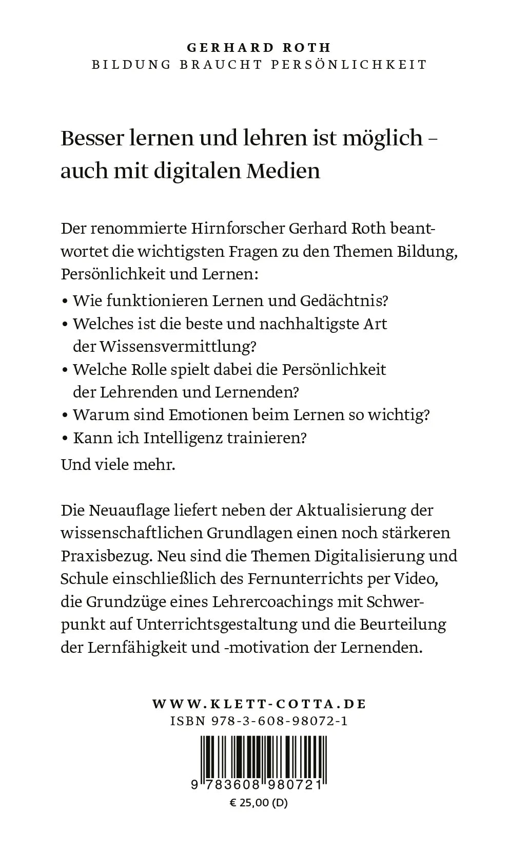 Buchrückseite von 'Bildung braucht Persönlichkeit' mit Klappentext - Gebundene Ausgabe