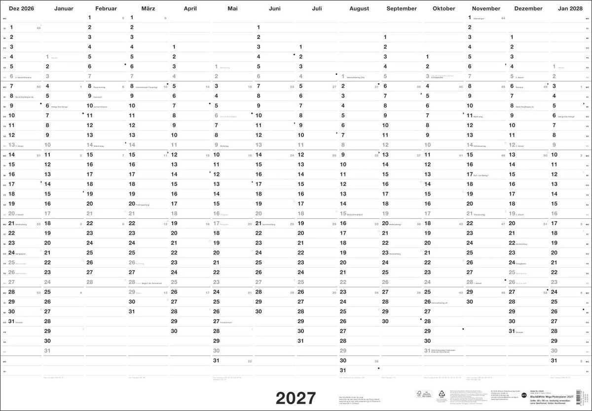 Wandkalender: Black&White Mega-Posterplaner 2027