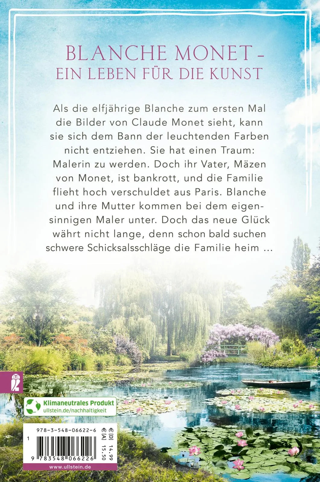 Buchrückseite von 'Blanche Monet und das Leuchten der Seerosen' mit Klappentext - Taschenbuch
