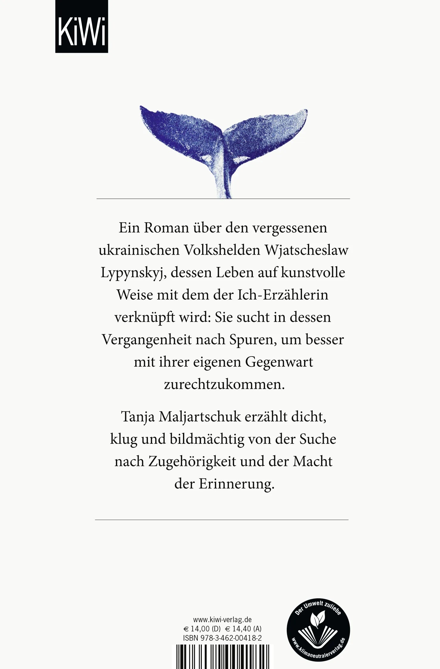 Buchrückseite von 'Blauwal der Erinnerung' mit Klappentext - Taschenbuch