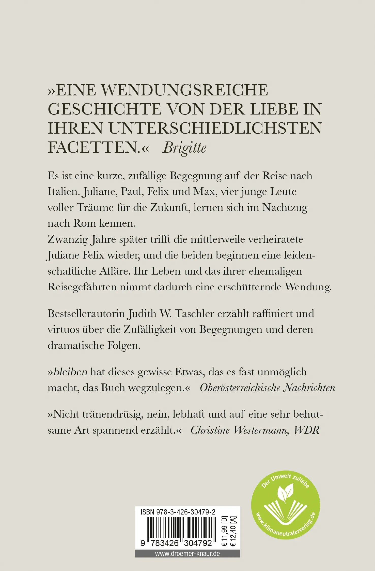Buchrückseite von 'bleiben' mit Klappentext - Taschenbuch