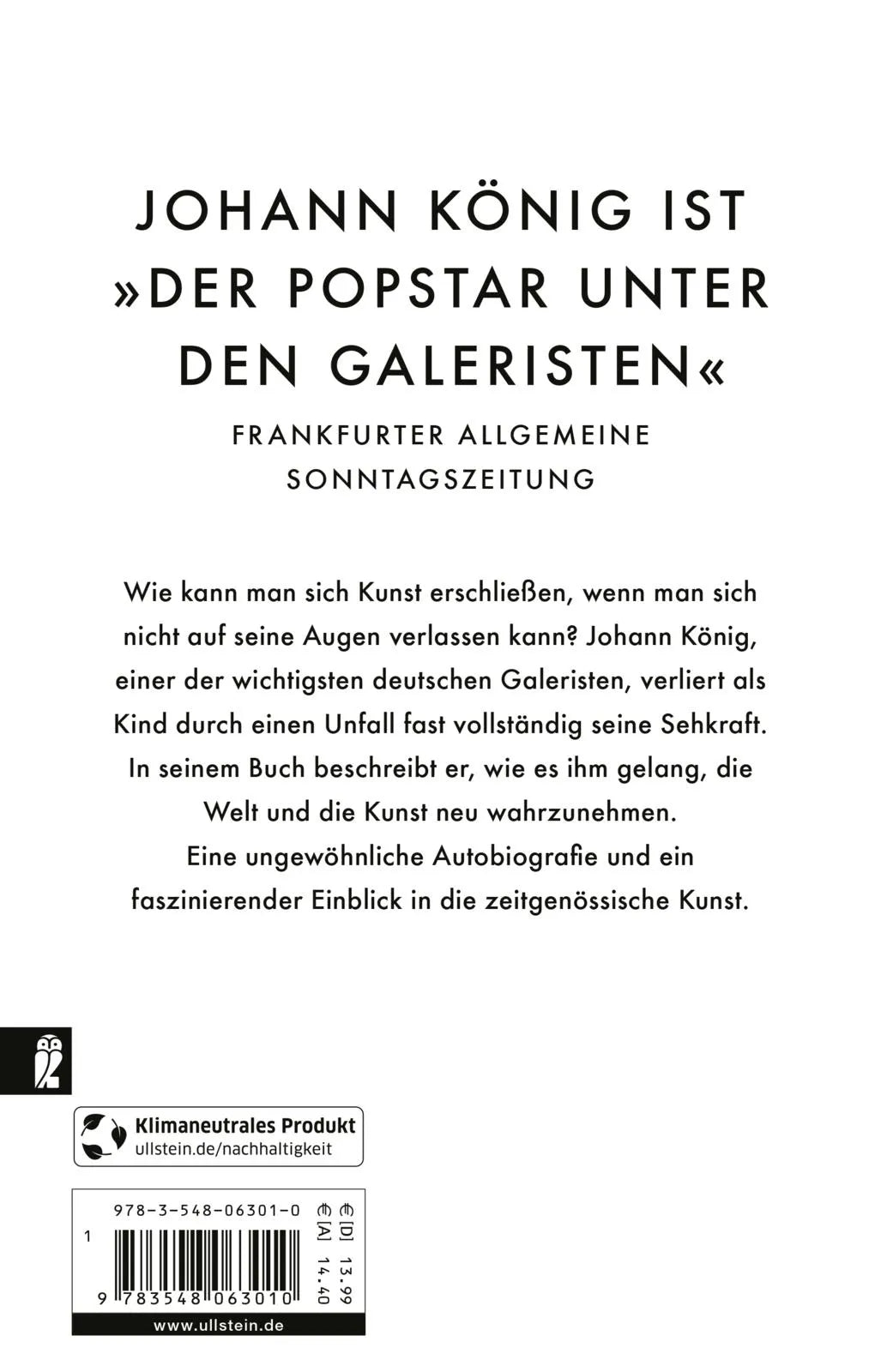 Buchrückseite von 'Blinder Galerist' mit Klappentext - Taschenbuch