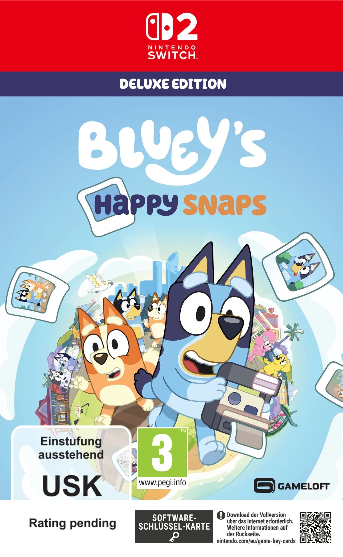 Cover: Bluey's Happy Snaps (Deluxe Edition) für Nintendo Switch 2. Publisher: Bandai Namco Entertainment Germany