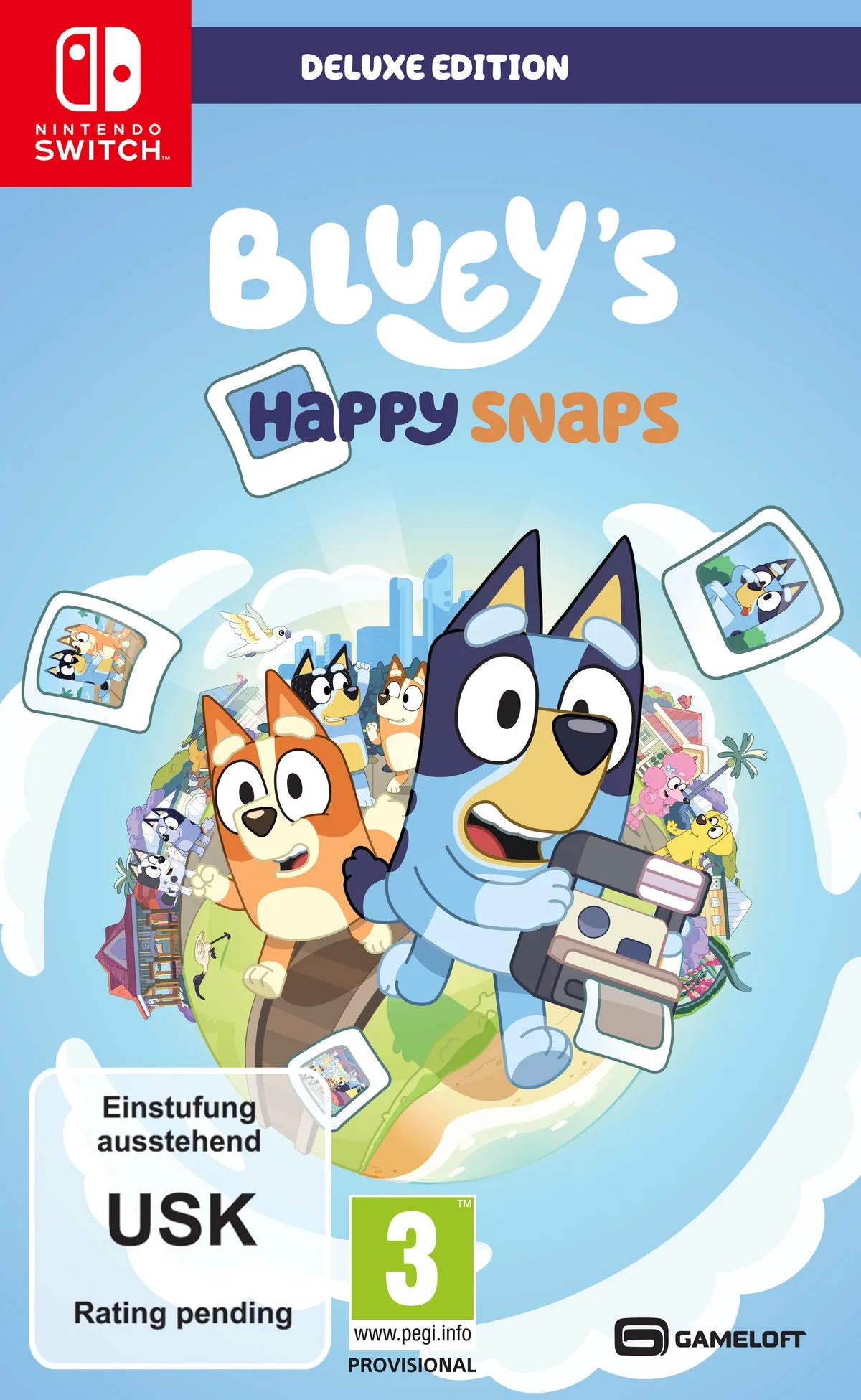 Cover: Bluey's Happy Snaps (Deluxe Edition) für Nintendo Switch. Publisher: Bandai Namco Entertainment Germany