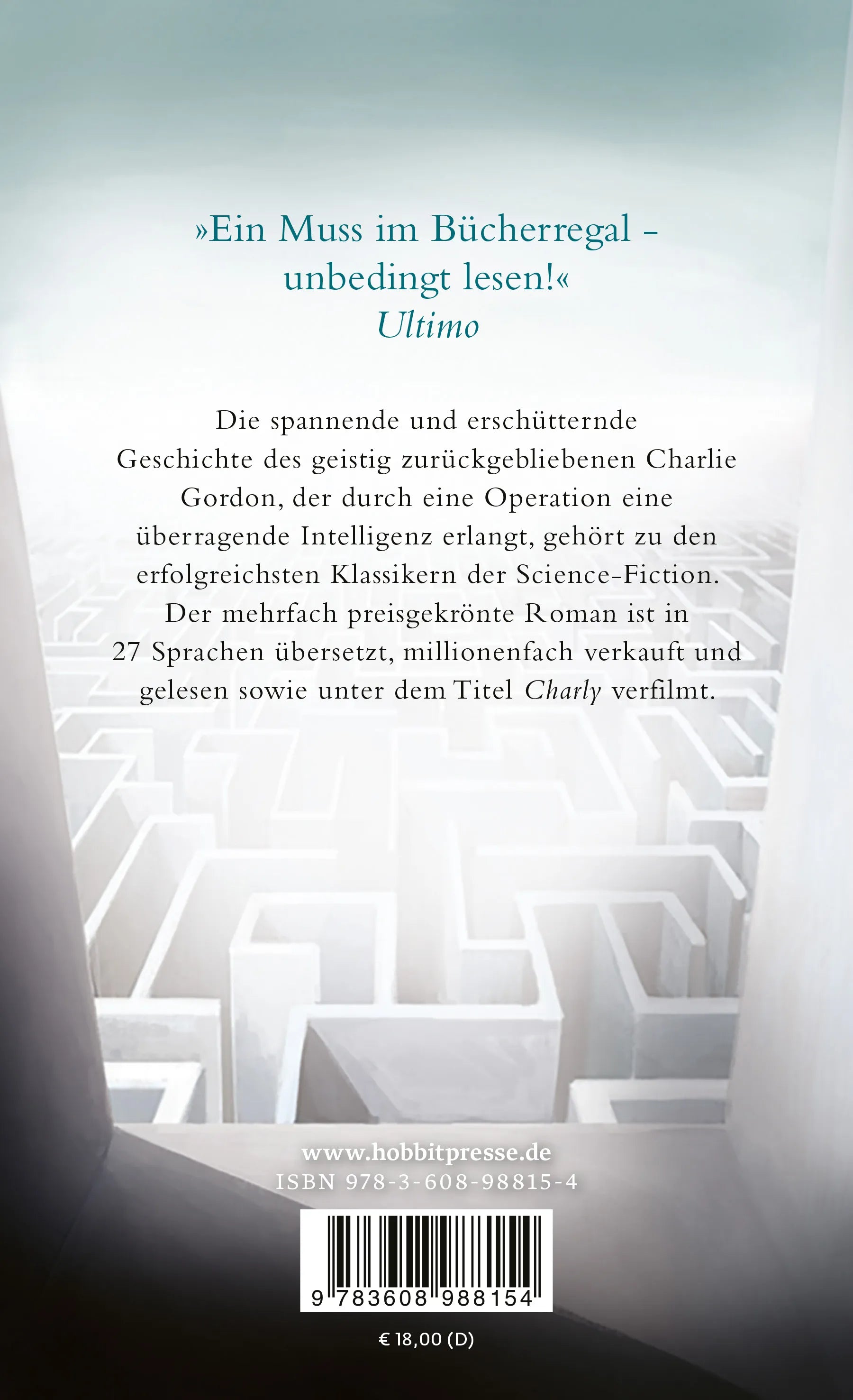 Buchrückseite von 'Blumen für Algernon' mit Klappentext - Taschenbuch