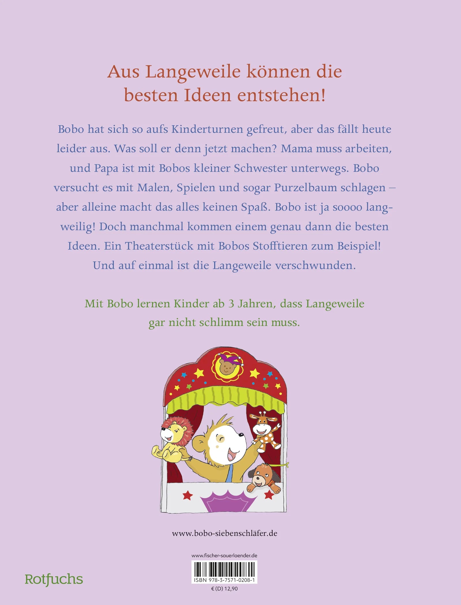 Buchrückseite von 'Bobo Siebenschläfer hat Langeweile' mit Klappentext - Gebundene Ausgabe