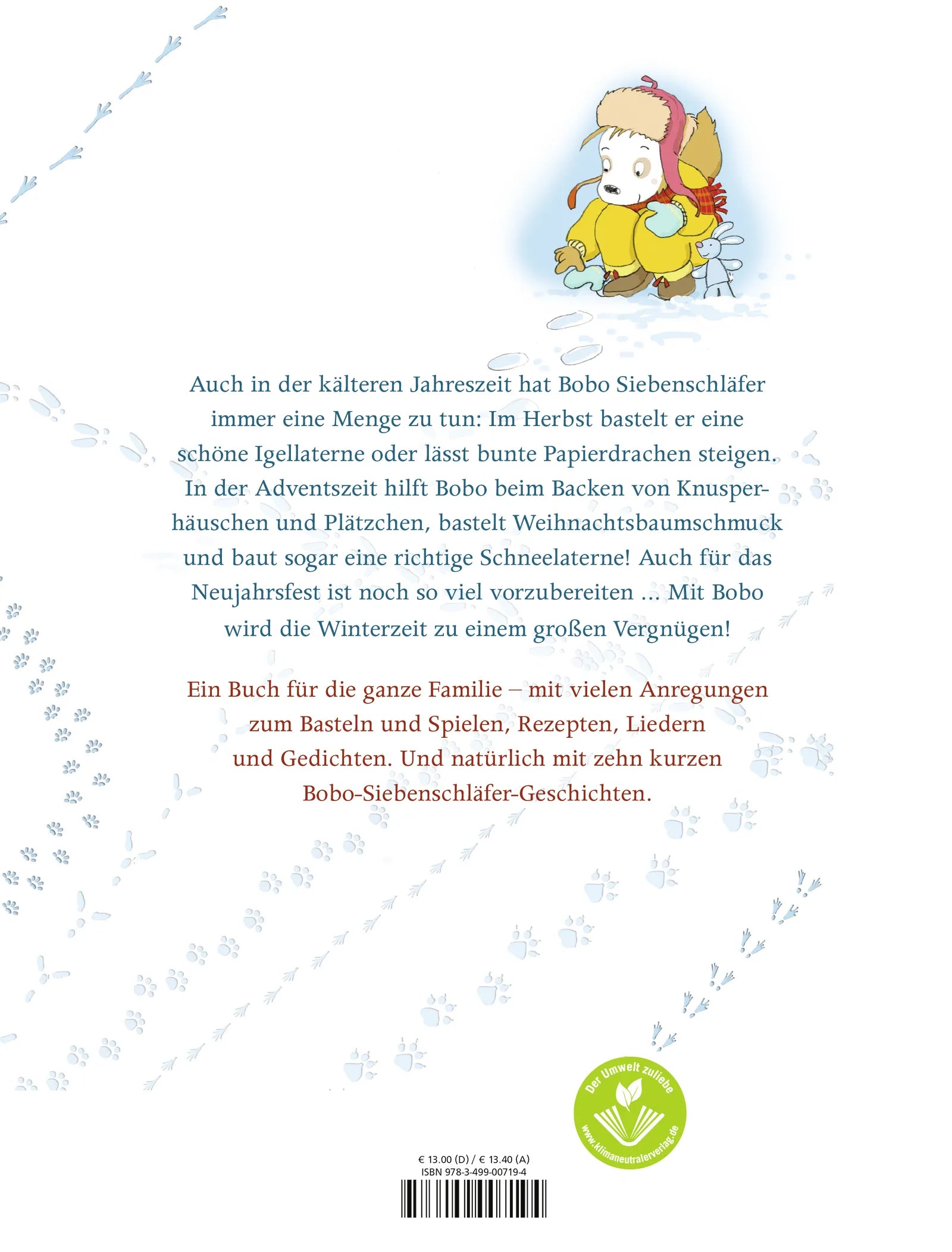 Buchrückseite von 'Bobo Siebenschläfer: Hurra, es schneit!' mit Klappentext - Gebundene Ausgabe