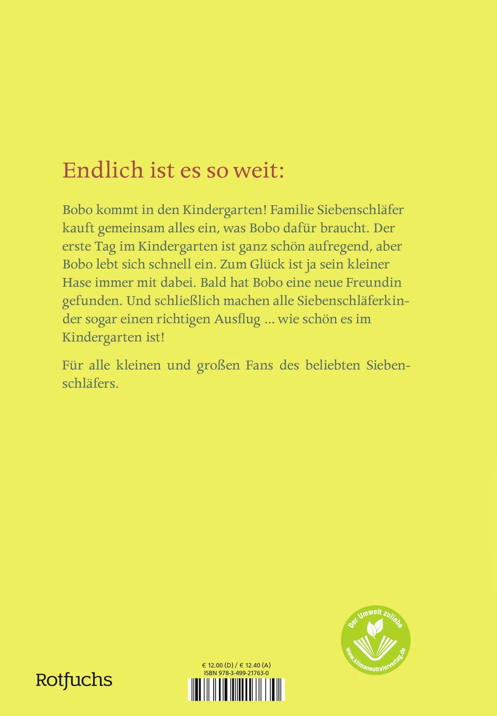 Buchrückseite von 'Bobo Siebenschläfer: Viel Spaß im Kindergarten!' mit Klappentext - Gebundene Ausgabe
