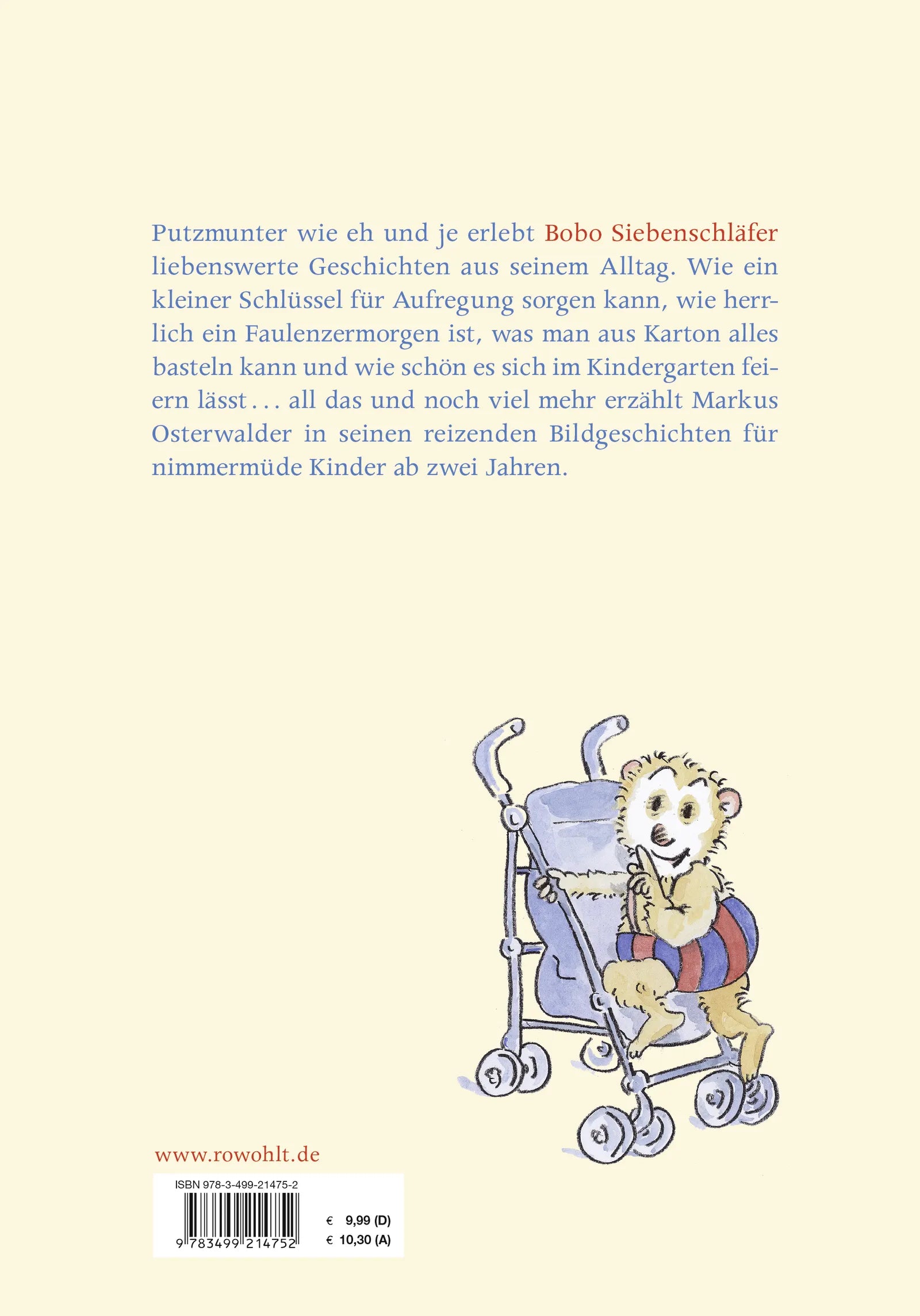 Buchrückseite von 'Bobo Siebenschläfer wird nicht müde' mit Klappentext - Gebundene Ausgabe