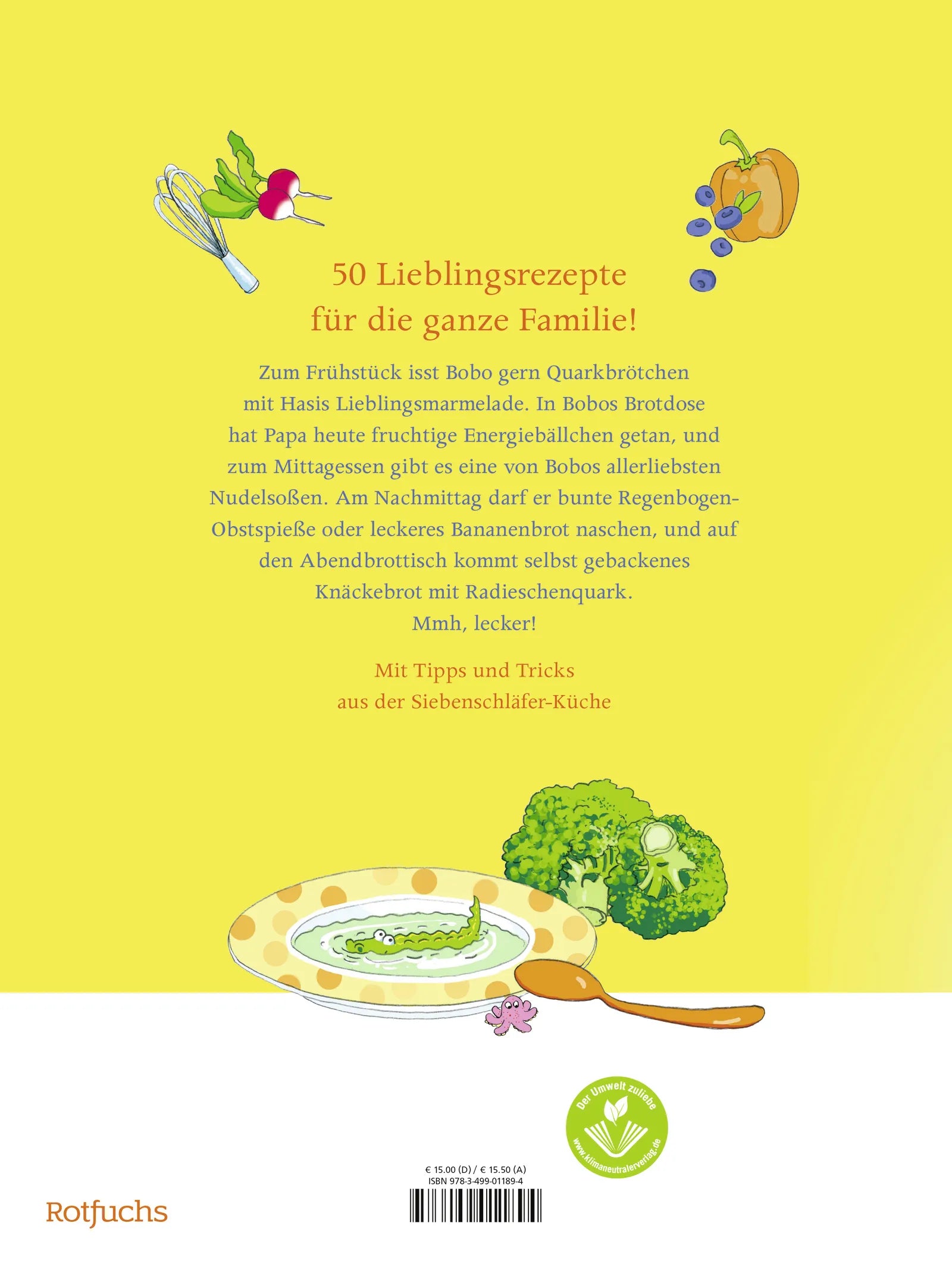 Buchrückseite von 'Bobo Siebenschläfers allerbeste Rezepte' mit Klappentext - Gebundene Ausgabe