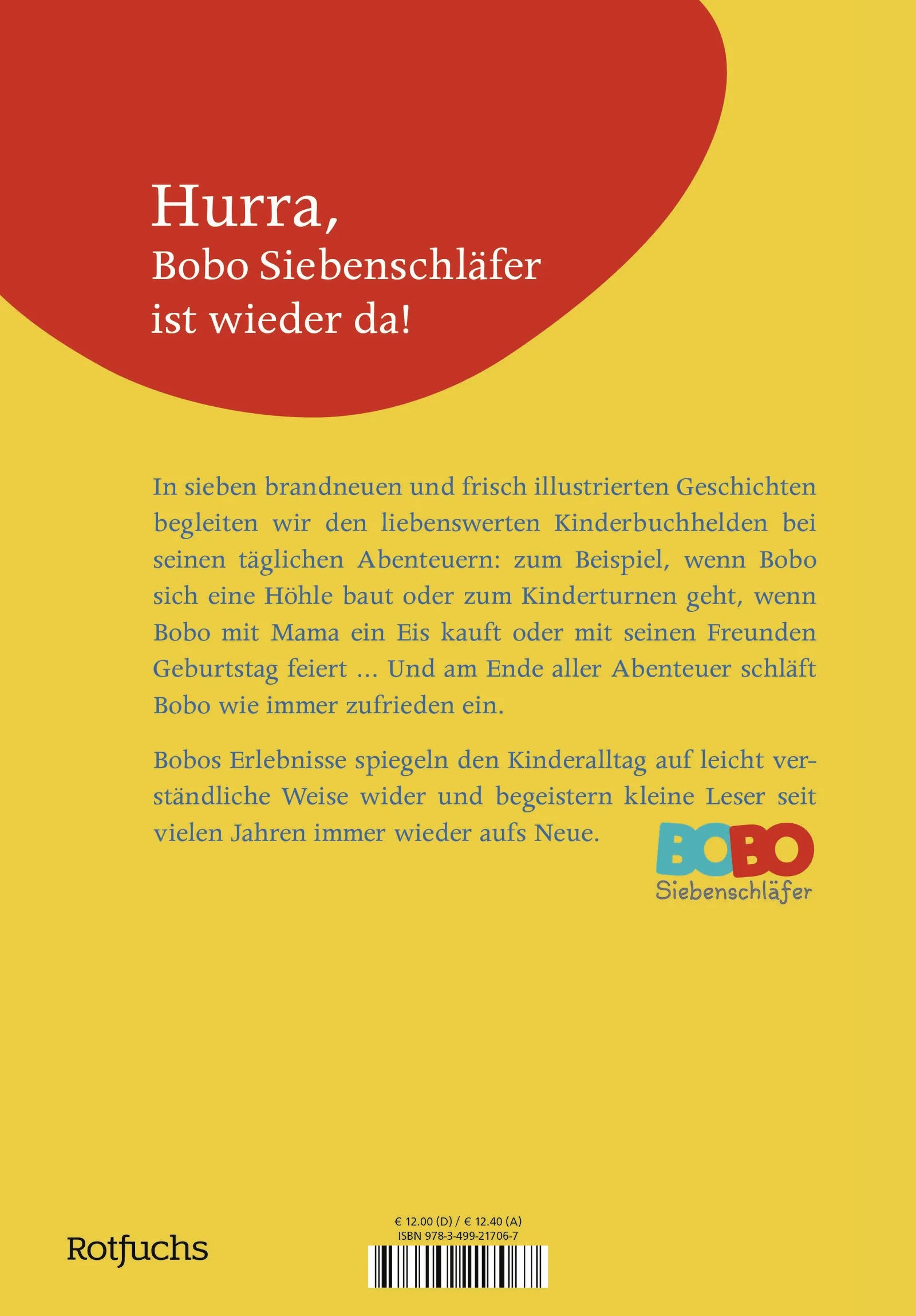 Buchrückseite von 'Bobo Siebenschläfers neueste Abenteuer' mit Klappentext - Gebundene Ausgabe