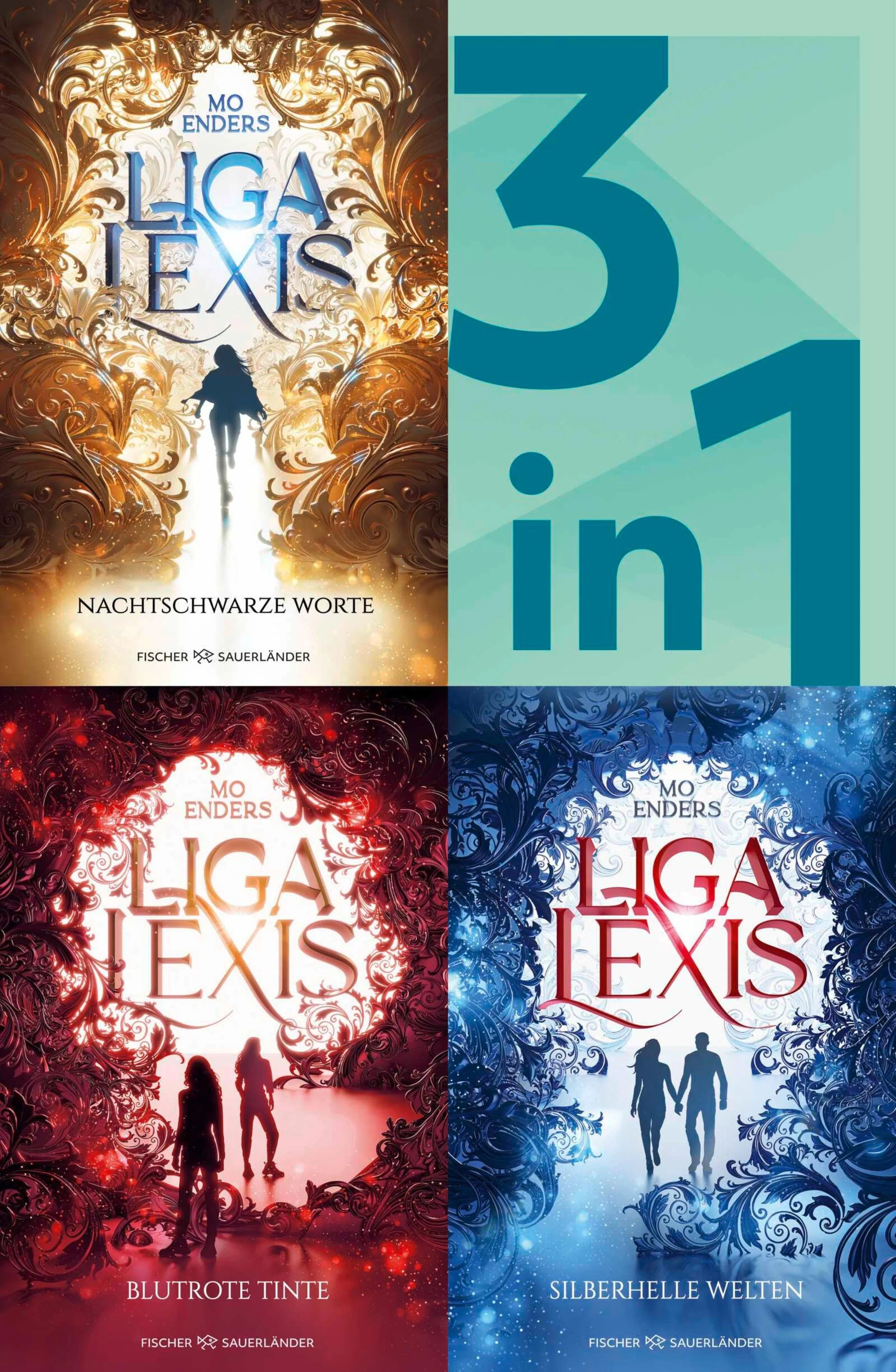Cover: Bookford Manor Trilogie Band 1-3 in einem Bundle: Liga Lexis Nachtschwarze Worte / Blutrote Tinte / Silberhelle Welten (E-Book) von Mo Enders