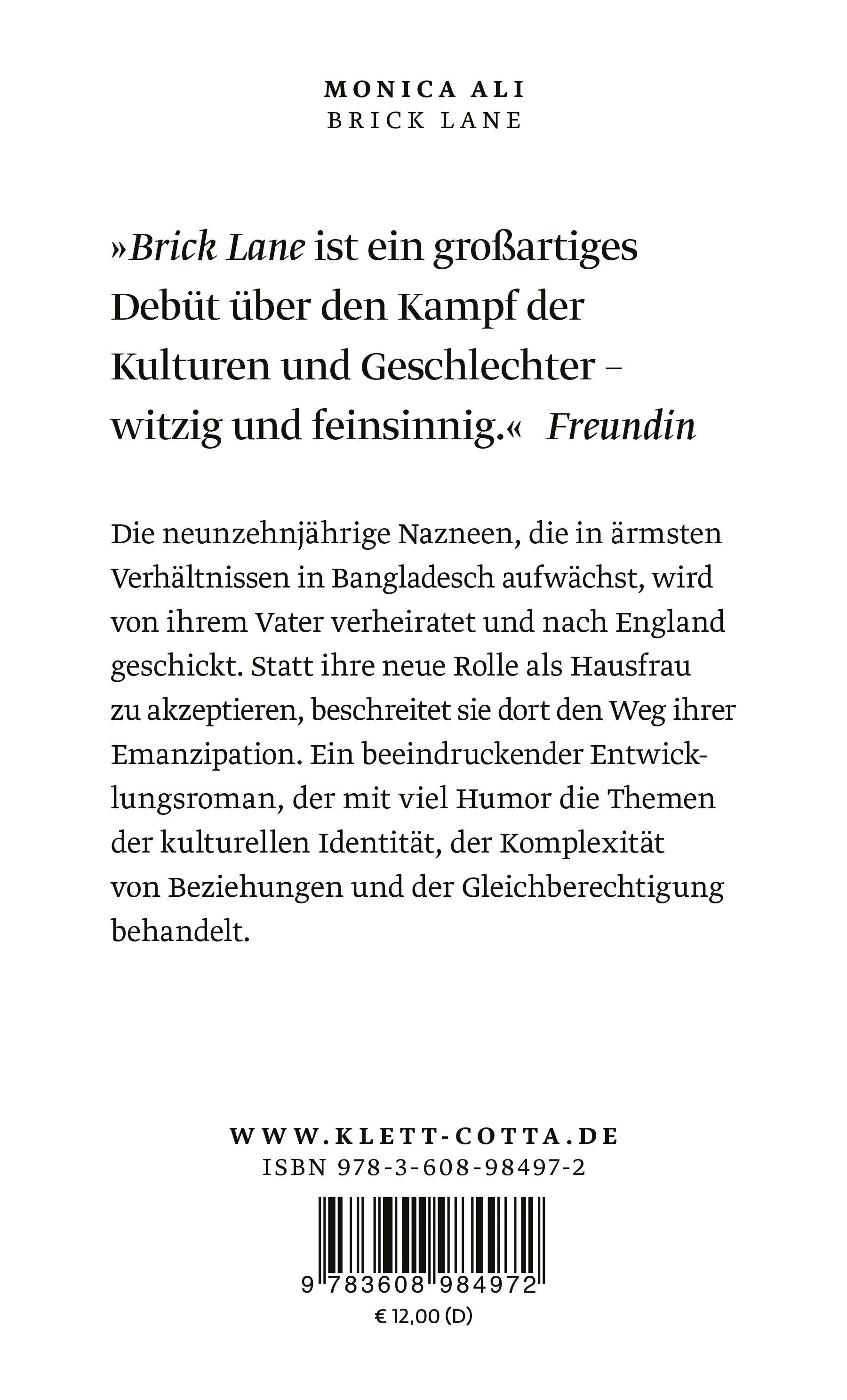 Buchrückseite von 'Brick Lane' mit Klappentext - Taschenbuch