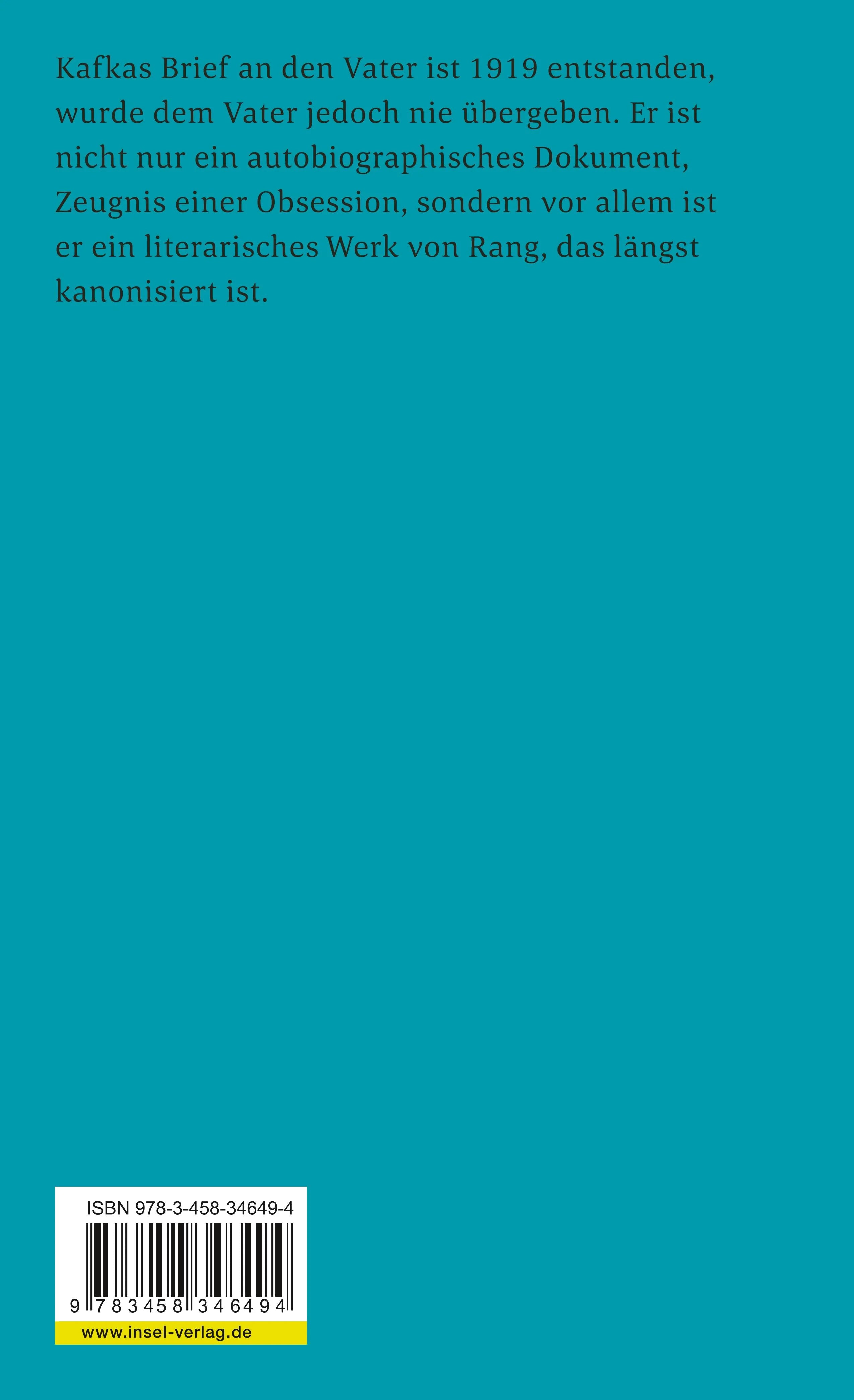 Buchrückseite von 'Brief an den Vater' mit Klappentext - Taschenbuch