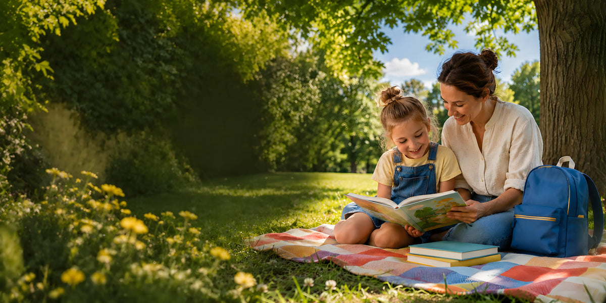 Kind liest mit seiner Mutter im Garten ein Buch zum Schulanfang