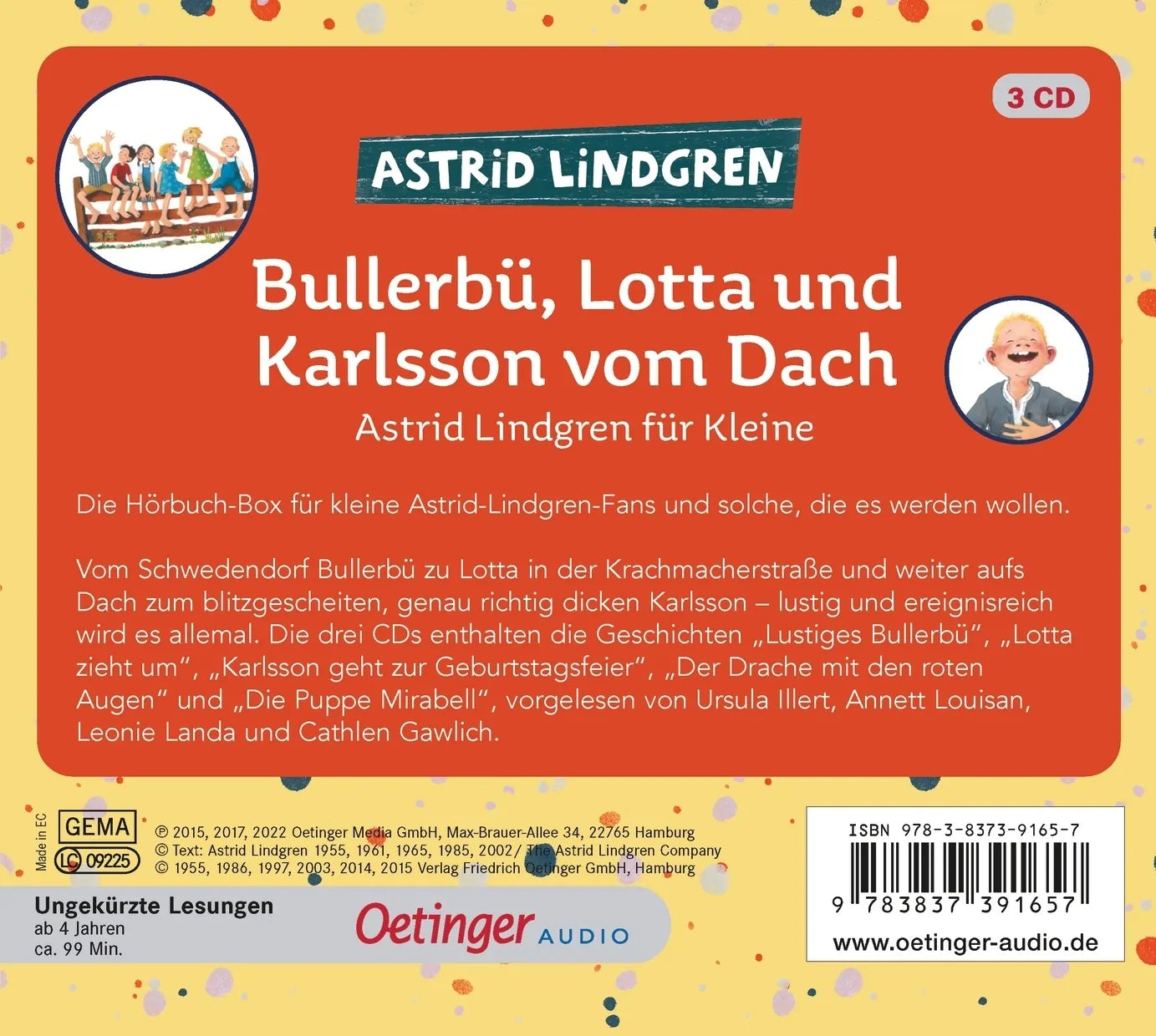 Buchrückseite von 'Bullerbü, Lotta und Karlsson vom Dach' mit Klappentext - Hörbuch (CD)