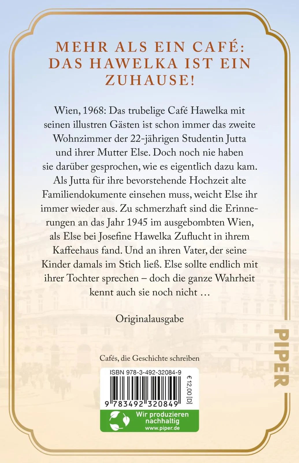 Buchrückseite von 'Café Hawelka' mit Klappentext - Taschenbuch