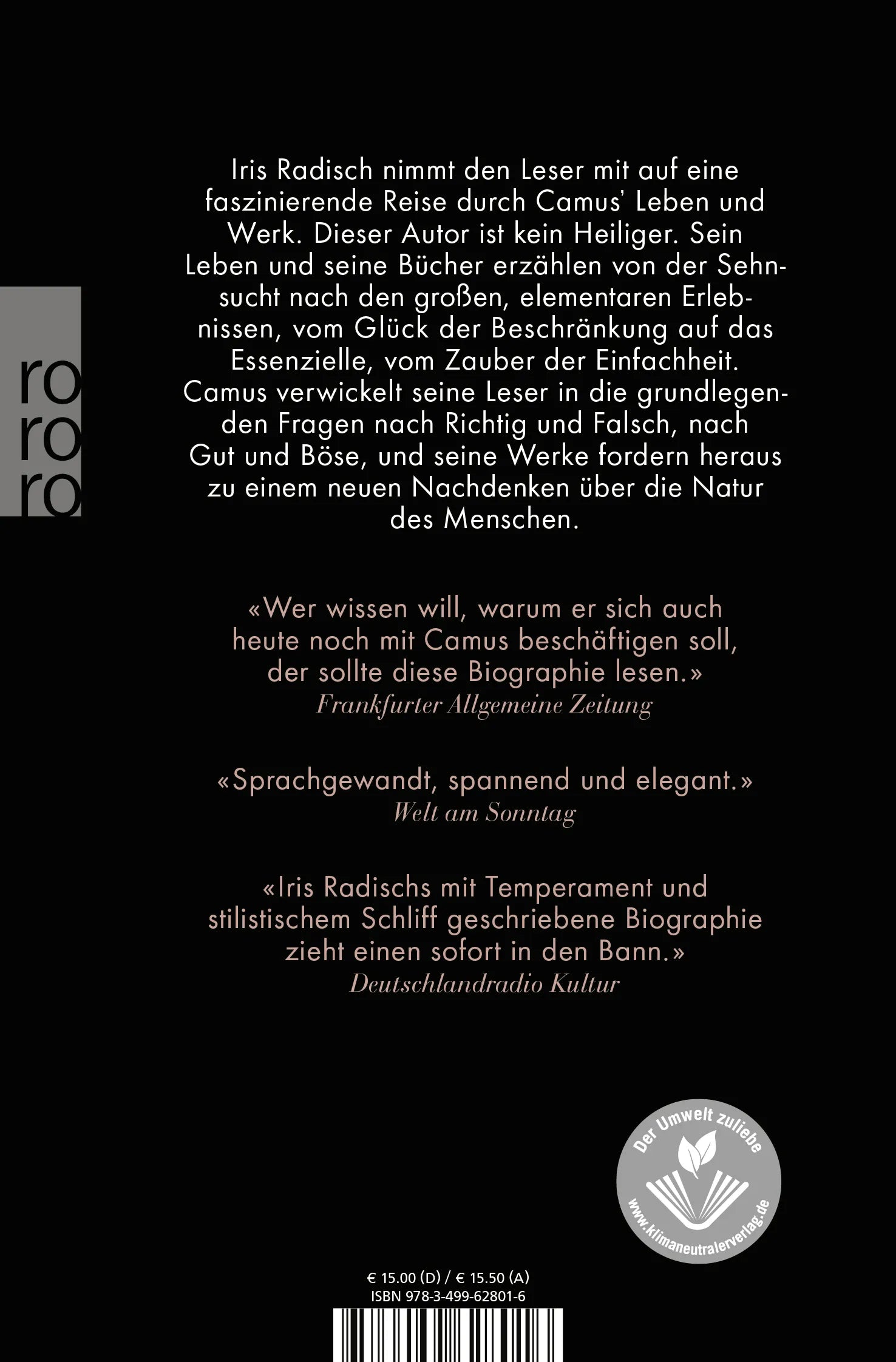 Buchrückseite von 'Camus' mit Klappentext - Taschenbuch